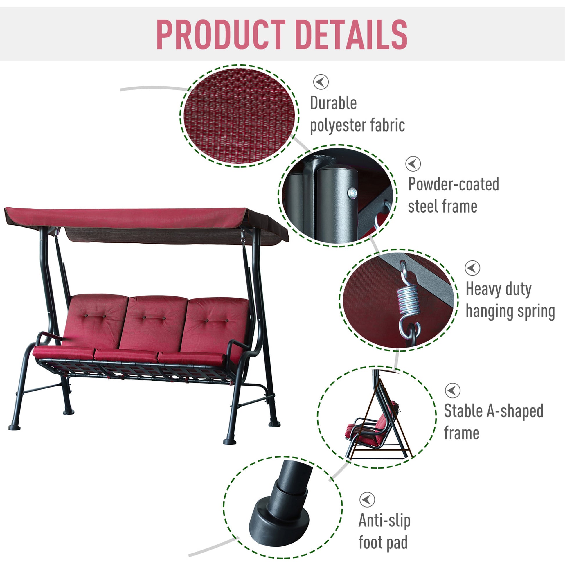 3-Person Porch Swing - Wine Red Canopy-DECOROLALA
