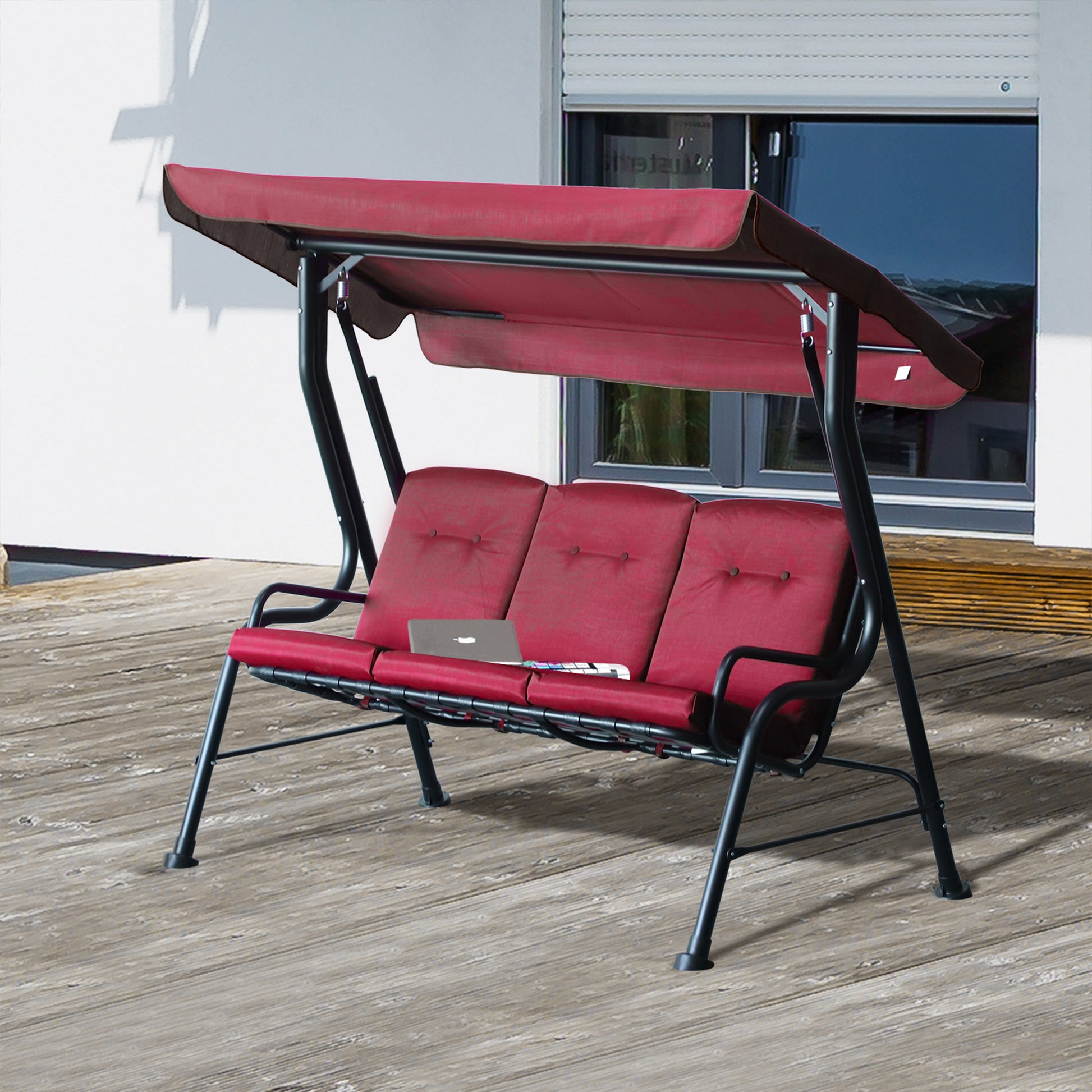 3-Person Porch Swing - Wine Red Canopy-DECOROLALA