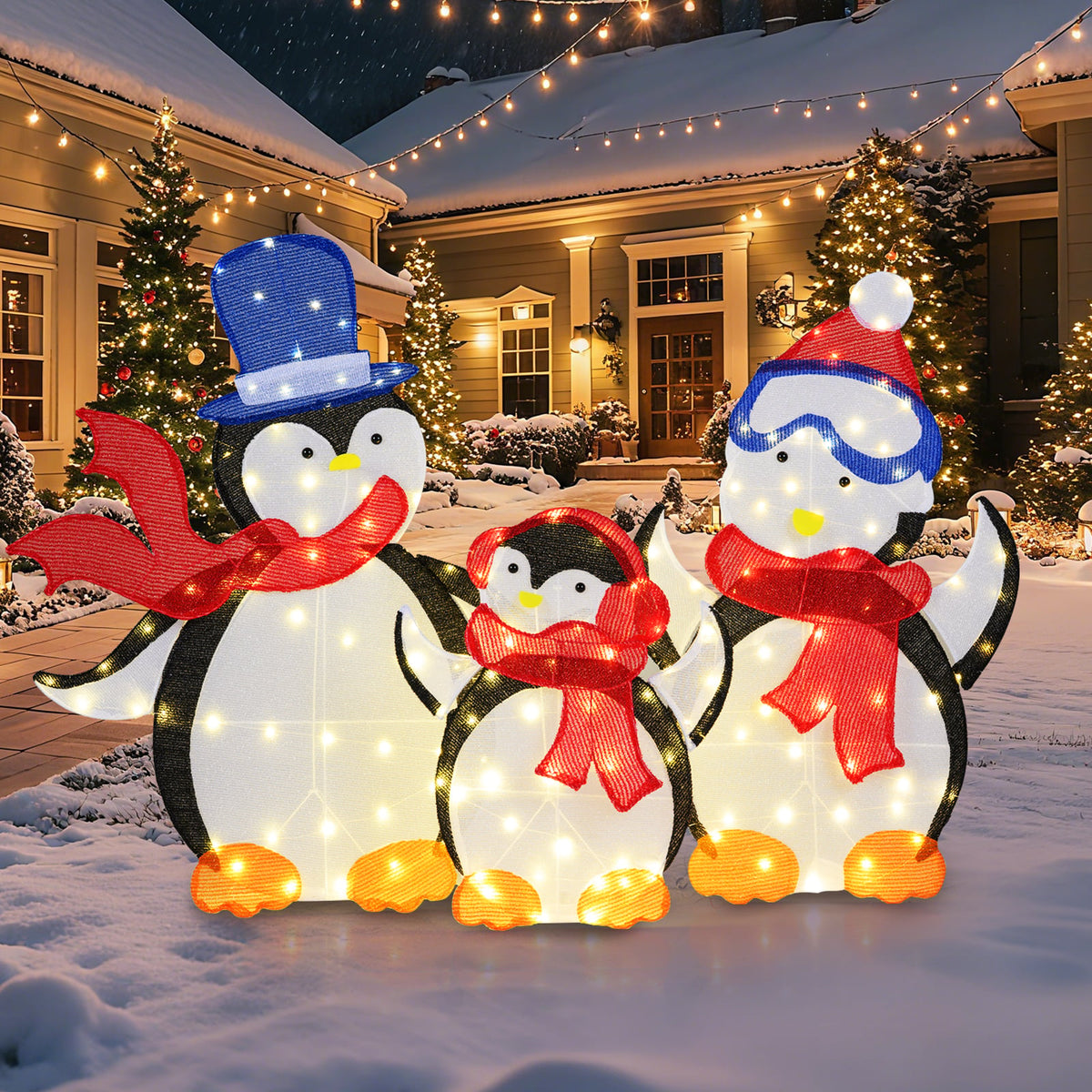 3-Piece 2D Lighted Penguin Family Christmas Decoration with 160 LED Lights-Christmas Decorations & Accessories-DECOROLALA