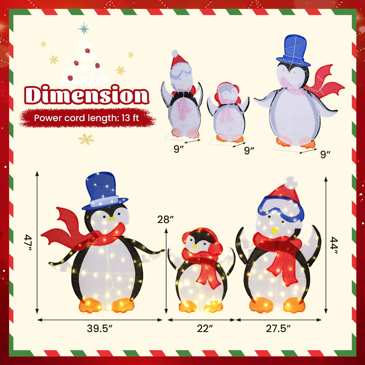 3-Piece 2D Lighted Penguin Family Christmas Decoration with 160 LED Lights-Christmas Decorations & Accessories-DECOROLALA