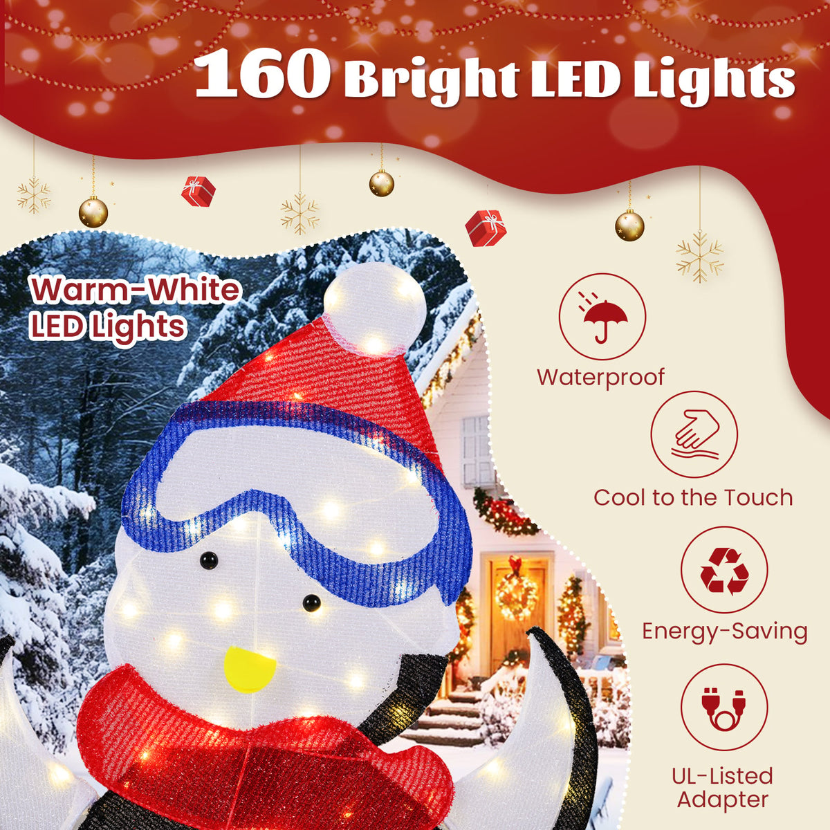 3-Piece 2D Lighted Penguin Family Christmas Decoration with 160 LED Lights-Christmas Decorations & Accessories-DECOROLALA