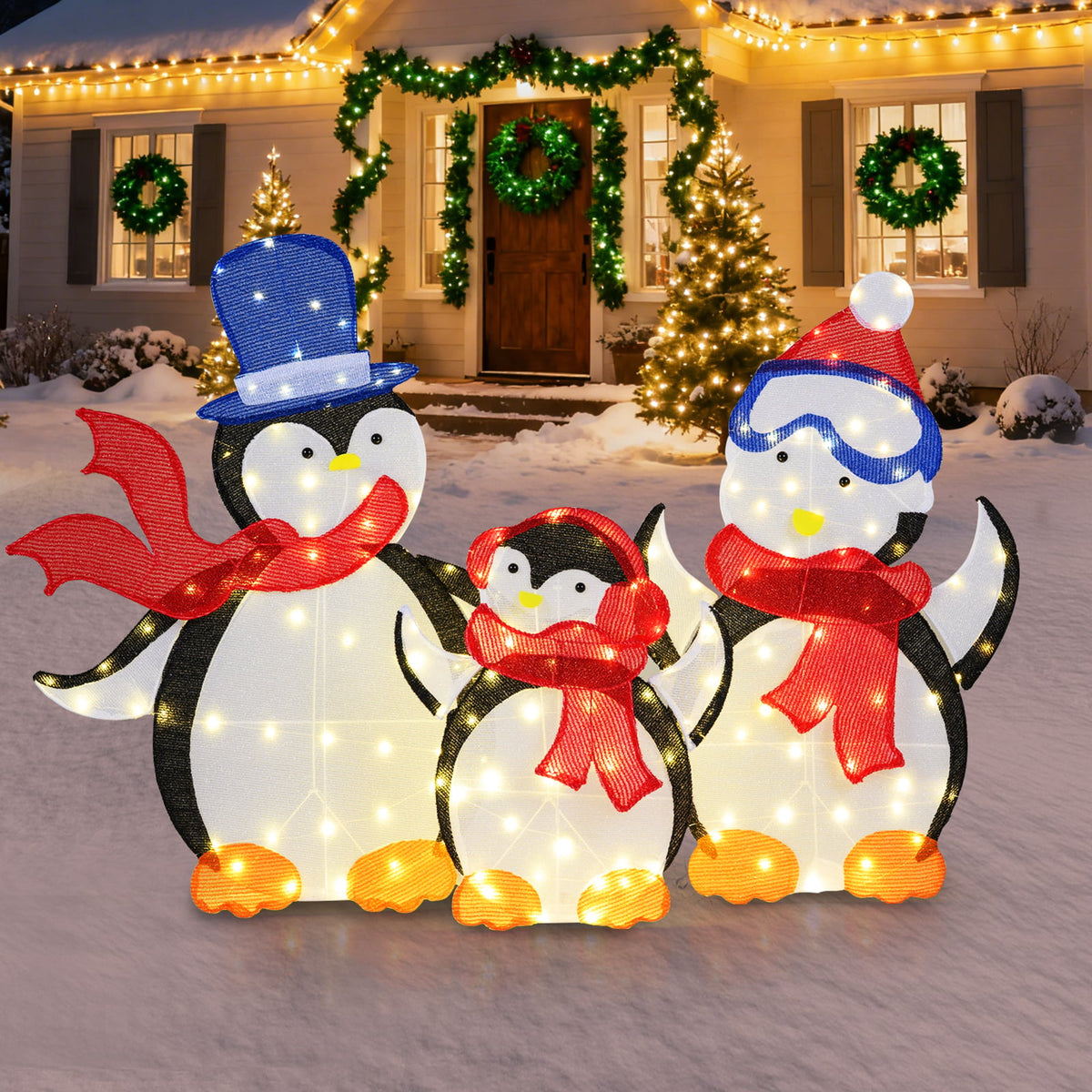 3-Piece 2D Lighted Penguin Family Christmas Decoration with 160 LED Lights-Christmas Decorations & Accessories-DECOROLALA