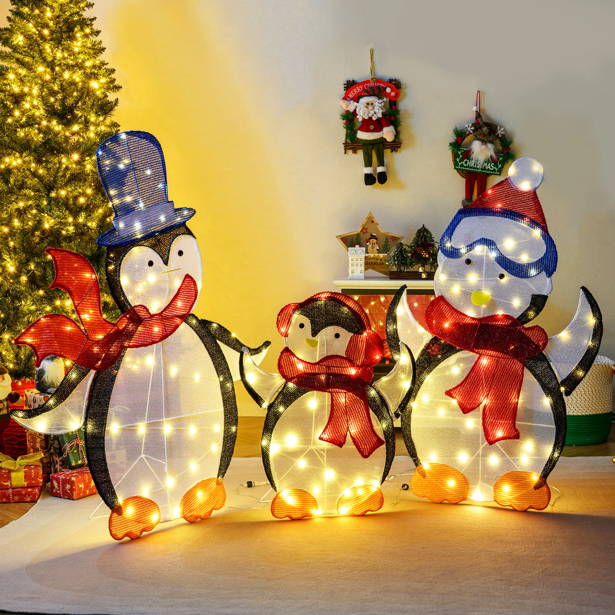 3-Piece 2D Lighted Penguin Family Christmas Decoration with 160 LED Lights-Christmas Decorations & Accessories-DECOROLALA