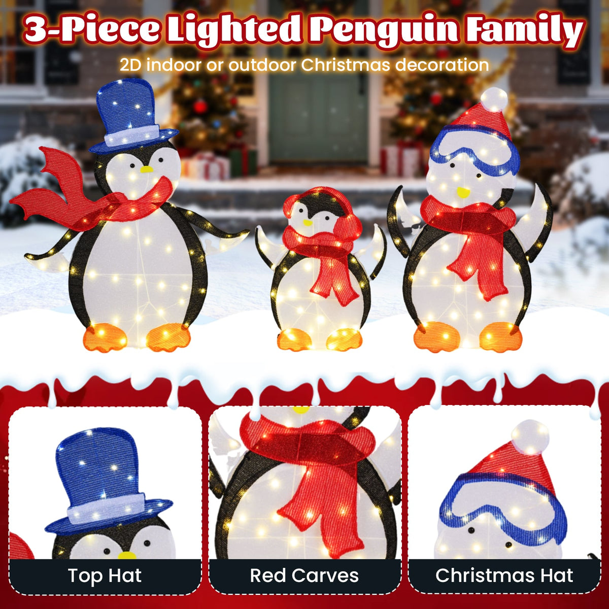 3-Piece 2D Lighted Penguin Family Christmas Decoration with 160 LED Lights-Christmas Decorations & Accessories-DECOROLALA