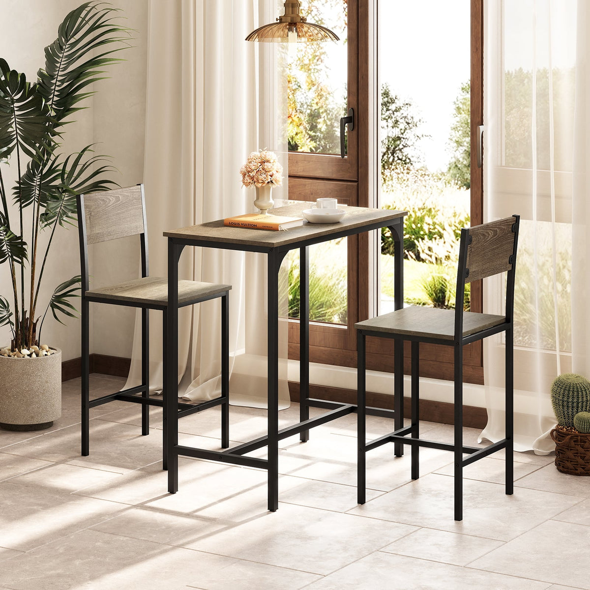 3 Piece Bar Table Set with Backrest and Footrest for Small Space-Gray-Outdoor Bar Furniture-DECOROLALA