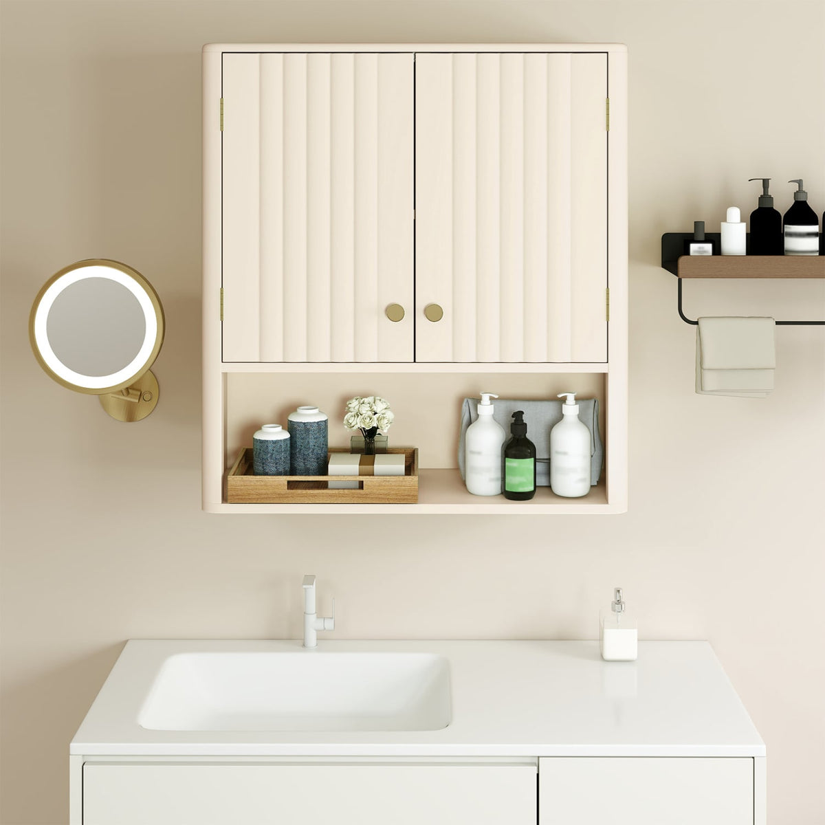3-Piece Bathroom Cabinet Set - Fluted Doors Off-White MDF-Floor Cabinets-DECOROLALA