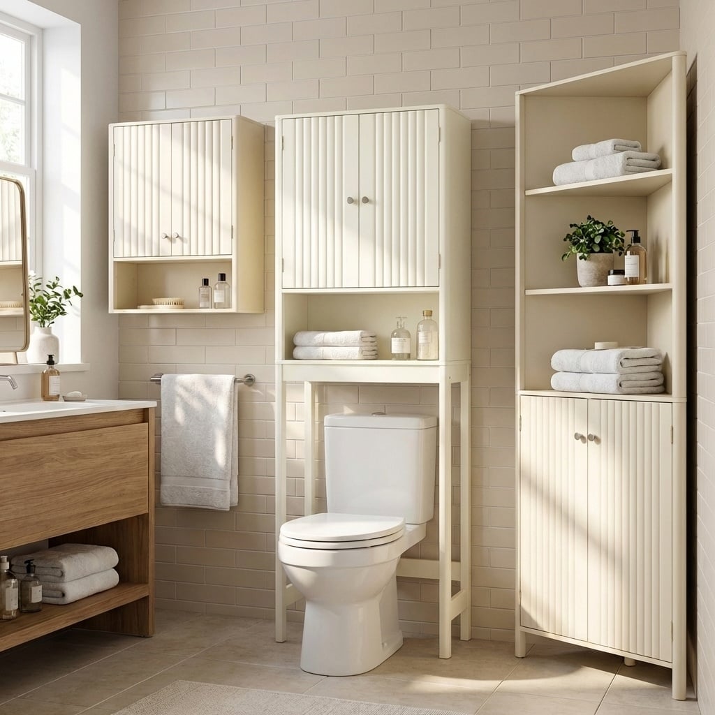 3-Piece Bathroom Cabinet Set - Fluted Doors Off-White MDF-Floor Cabinets-DECOROLALA