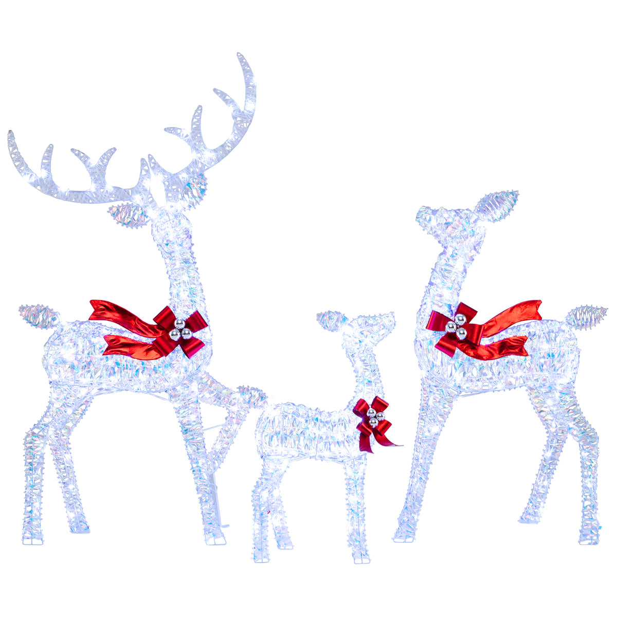 3-Piece Christmas Lighted Iridescent Reindeer Family Set with 215 Cold White LED Lights and Ground Stakes-Christmas Decorations & Accessories-DECOROLALA