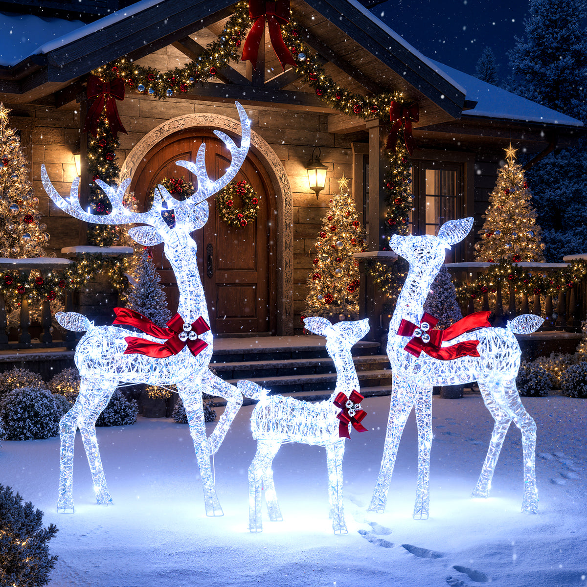 3-Piece Christmas Lighted Iridescent Reindeer Family Set with 215 Cold White LED Lights and Ground Stakes-Christmas Decorations & Accessories-DECOROLALA