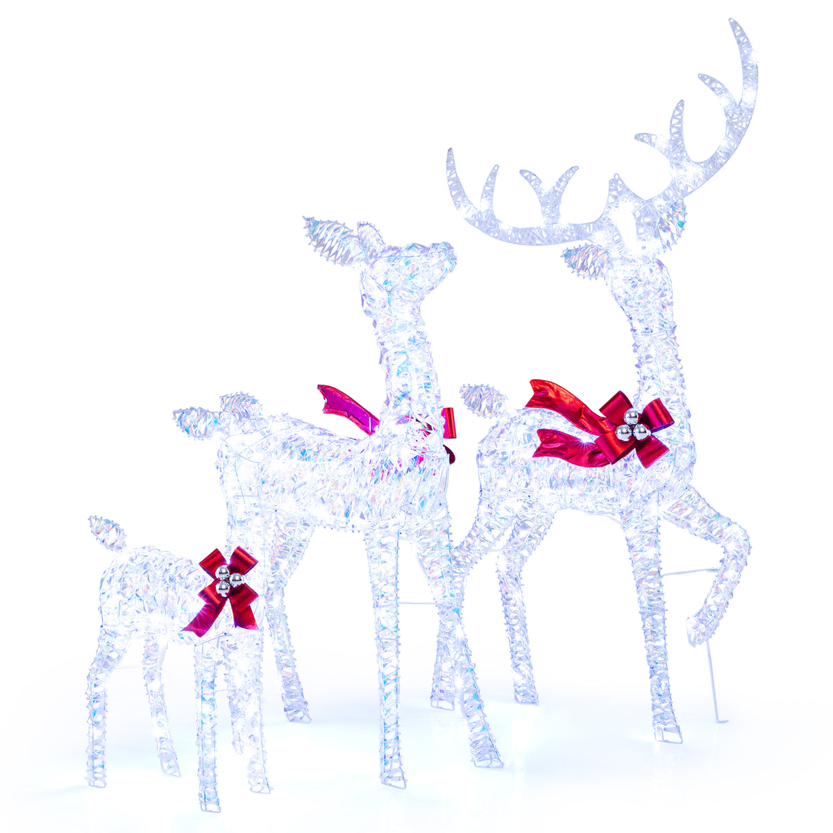 3-Piece Christmas Lighted Iridescent Reindeer Family Set with 215 Cold White LED Lights and Ground Stakes-Christmas Decorations & Accessories-DECOROLALA