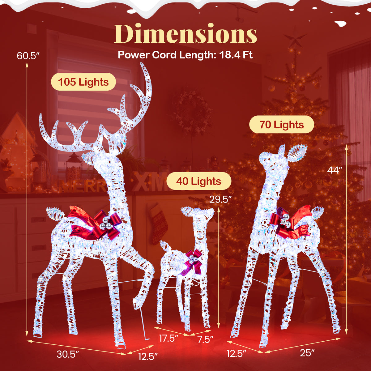 3-Piece Christmas Lighted Iridescent Reindeer Family Set with 215 Cold White LED Lights and Ground Stakes-Christmas Decorations & Accessories-DECOROLALA