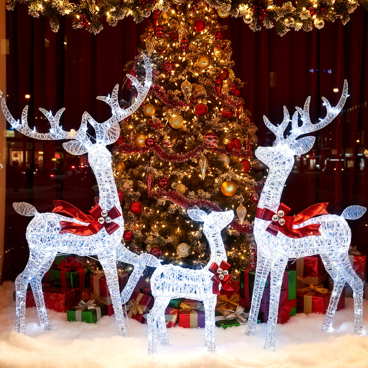 3-Piece Christmas Lighted Iridescent Reindeer Family Set with 215 Cold White LED Lights and Ground Stakes-Christmas Decorations & Accessories-DECOROLALA