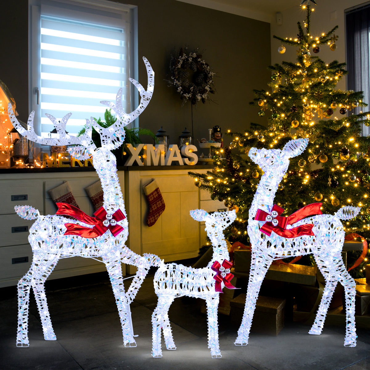 3-Piece Christmas Lighted Iridescent Reindeer Family Set with 215 Cold White LED Lights and Ground Stakes-Christmas Decorations & Accessories-DECOROLALA