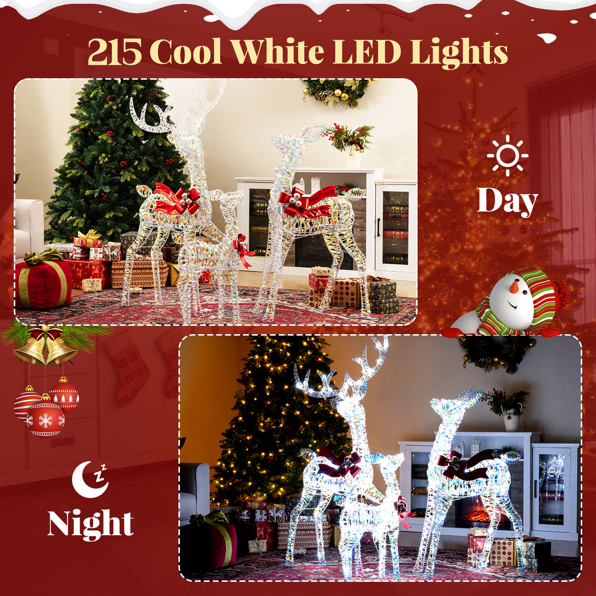 3-Piece Christmas Lighted Iridescent Reindeer Family Set with 215 Cold White LED Lights and Ground Stakes-Christmas Decorations & Accessories-DECOROLALA
