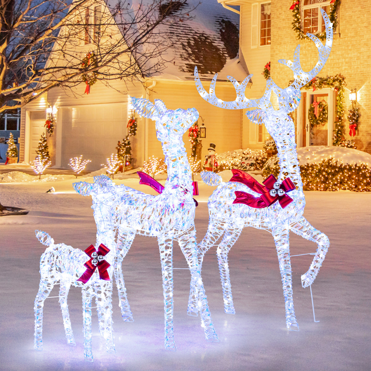 3-Piece Christmas Lighted Iridescent Reindeer Family Set with 215 Cold White LED Lights and Ground Stakes-Christmas Decorations & Accessories-DECOROLALA
