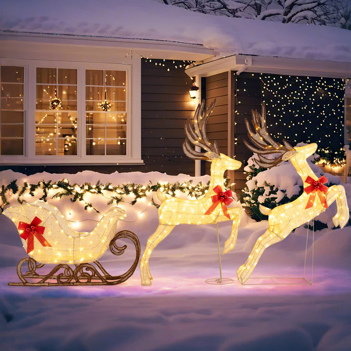 3-Piece Christmas Lighted Reindeer and Sleigh Set for Lawn & Garden-Christmas Decorations & Accessories-DECOROLALA