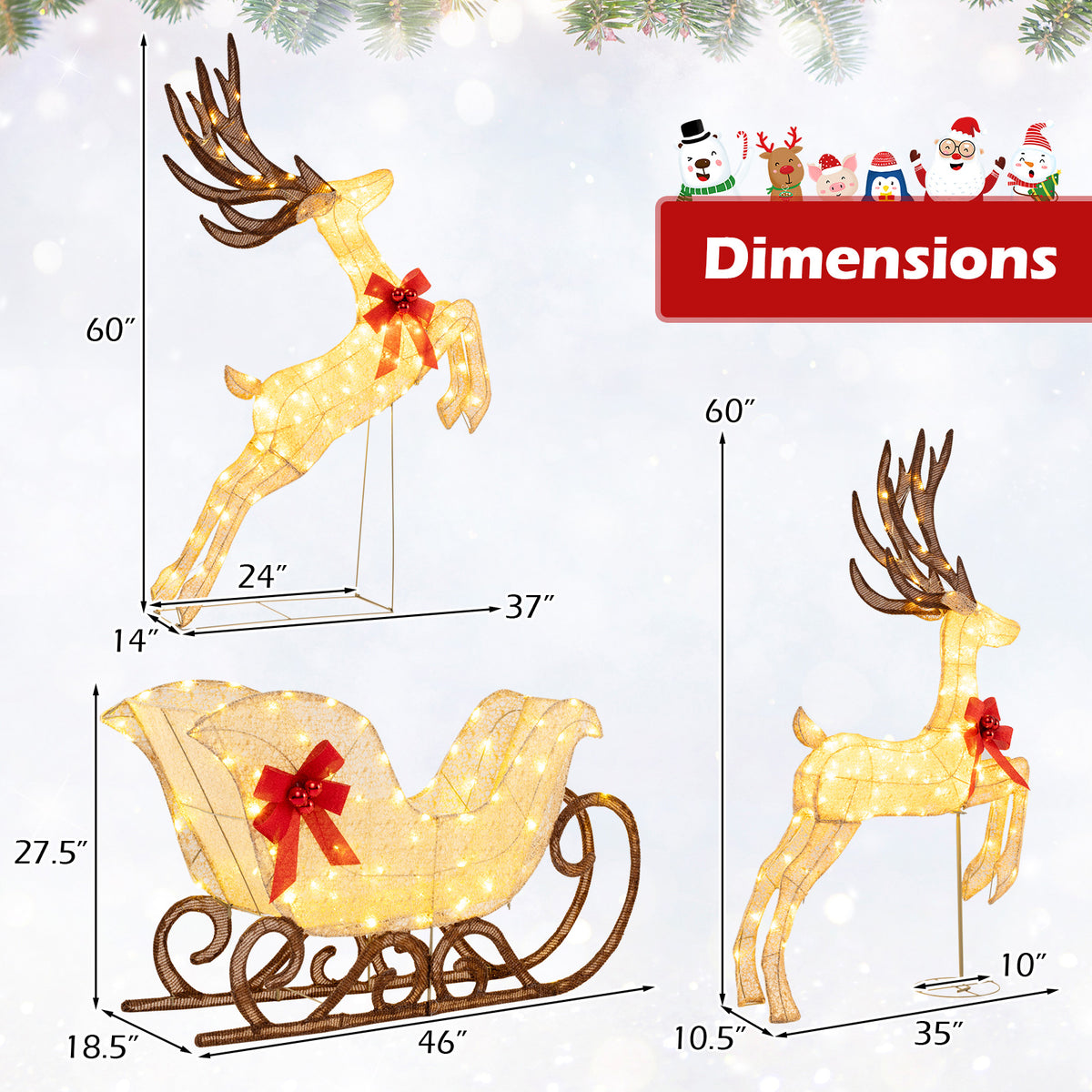 3-Piece Christmas Lighted Reindeer and Sleigh Set for Lawn & Garden-Christmas Decorations & Accessories-DECOROLALA