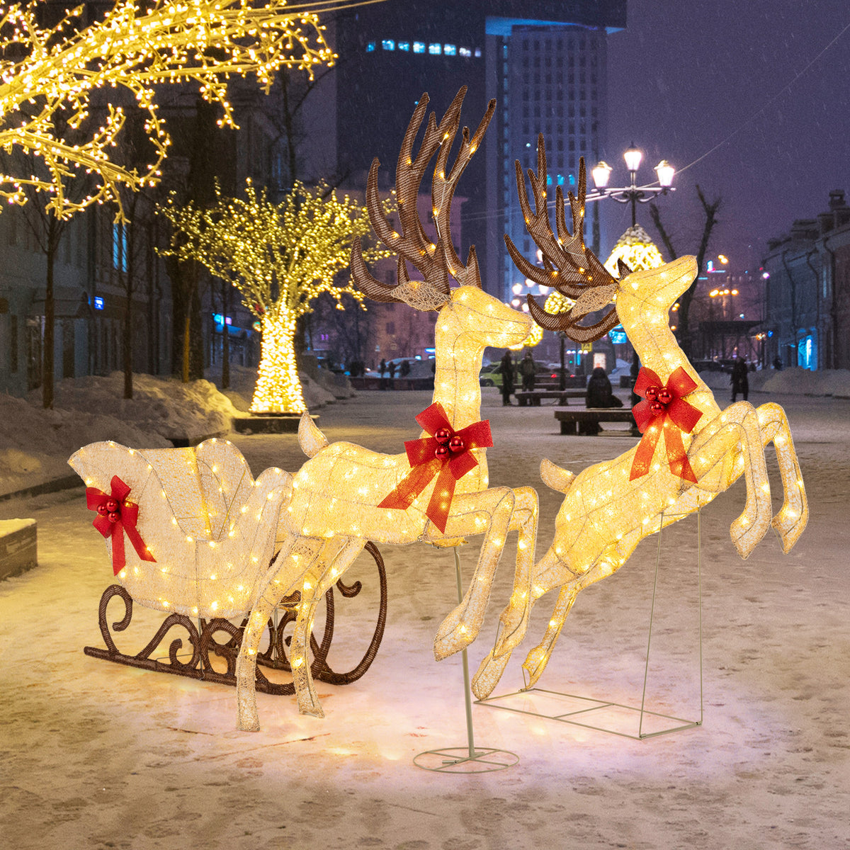 3-Piece Christmas Lighted Reindeer and Sleigh Set for Lawn & Garden-Christmas Decorations & Accessories-DECOROLALA