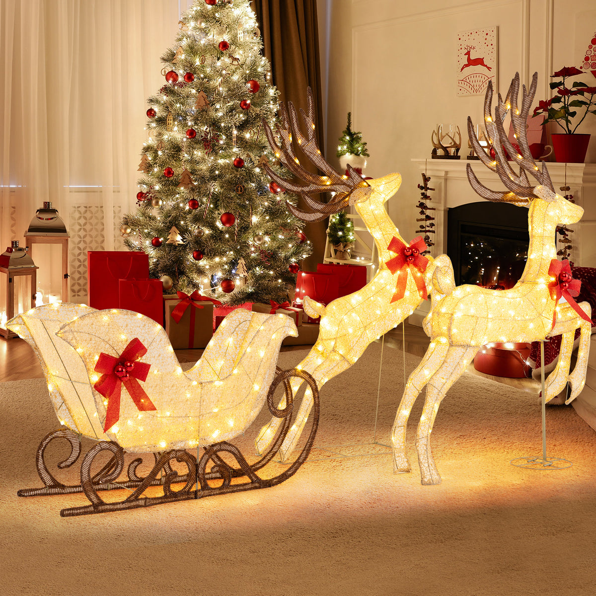 3-Piece Christmas Lighted Reindeer and Sleigh Set for Lawn & Garden-Christmas Decorations & Accessories-DECOROLALA