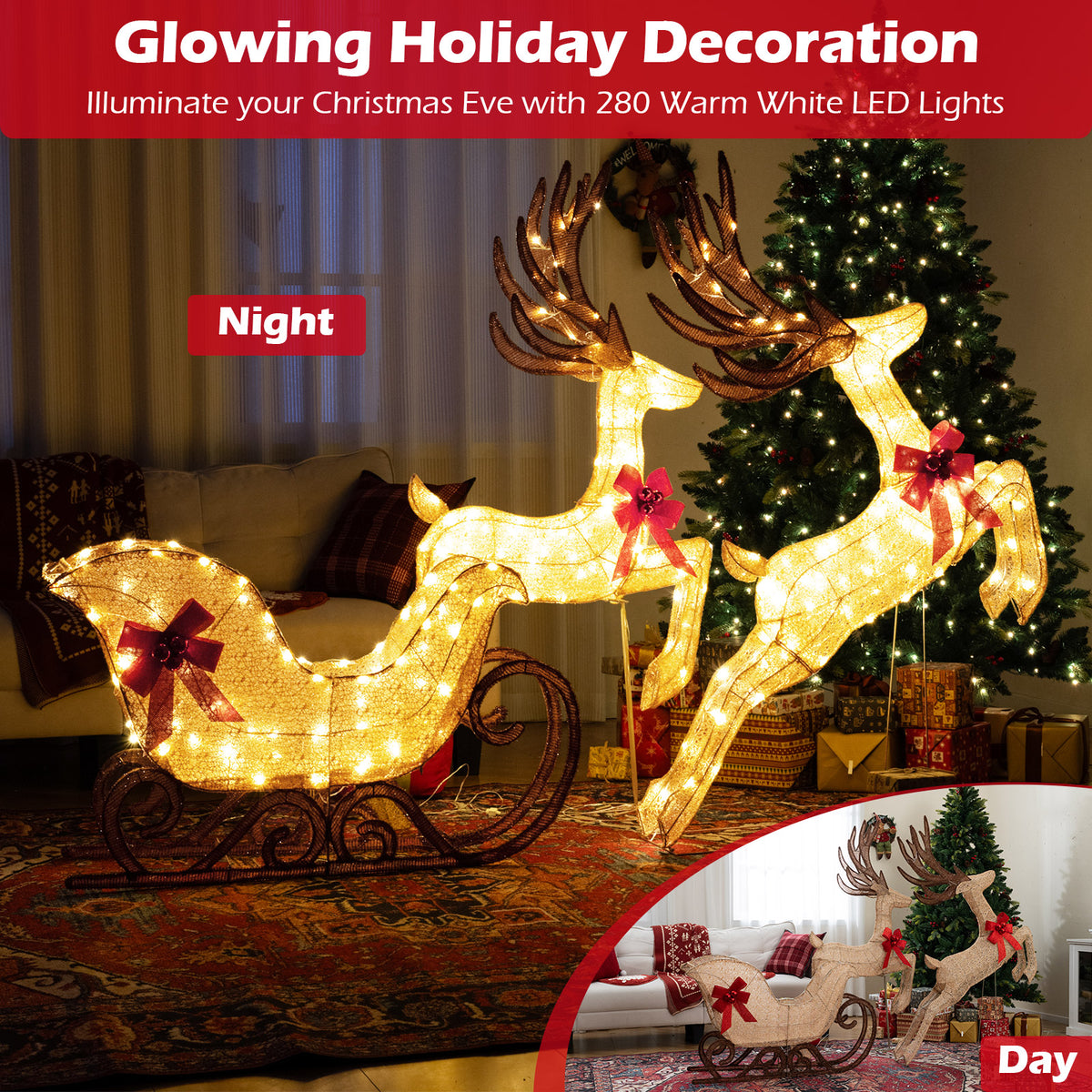 3-Piece Christmas Lighted Reindeer and Sleigh Set for Lawn & Garden-Christmas Decorations & Accessories-DECOROLALA