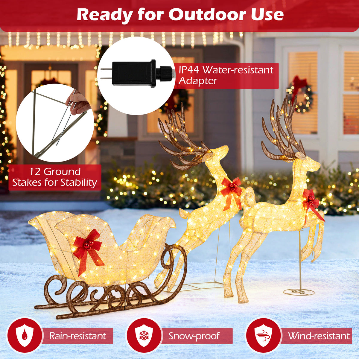 3-Piece Christmas Lighted Reindeer and Sleigh Set for Lawn & Garden-Christmas Decorations & Accessories-DECOROLALA