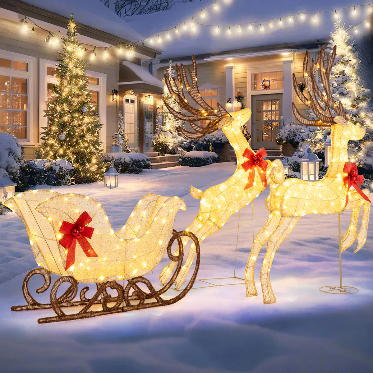 3-Piece Christmas Lighted Reindeer and Sleigh Set for Lawn & Garden-Christmas Decorations & Accessories-DECOROLALA