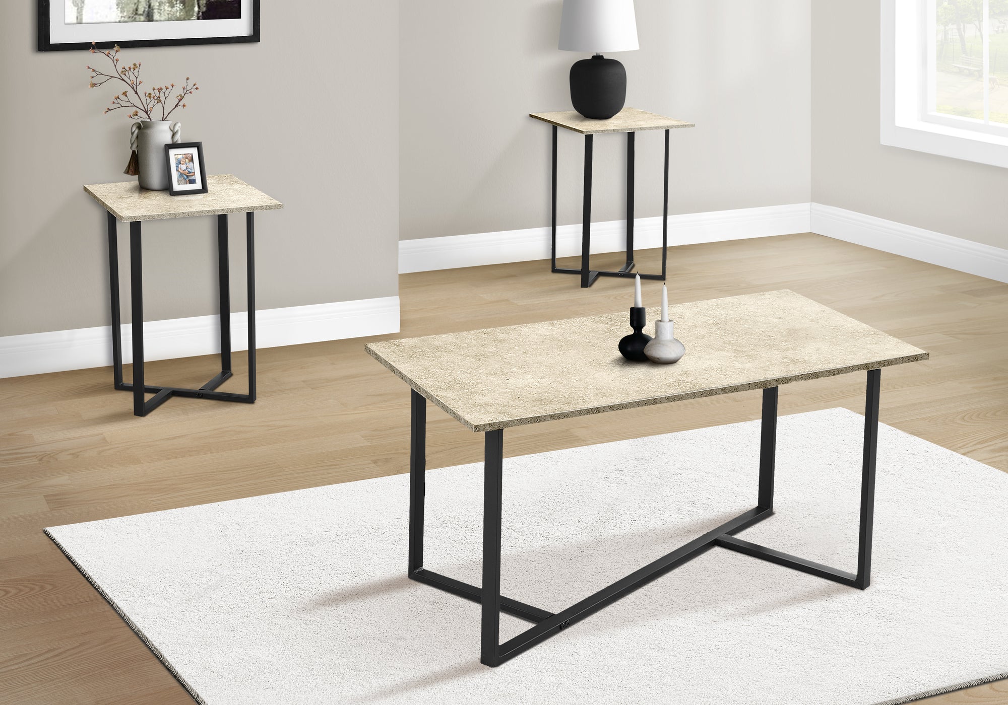 3-Piece Coffee Table Set Cream Stone Black Metal-Table Set-DECOROLALA