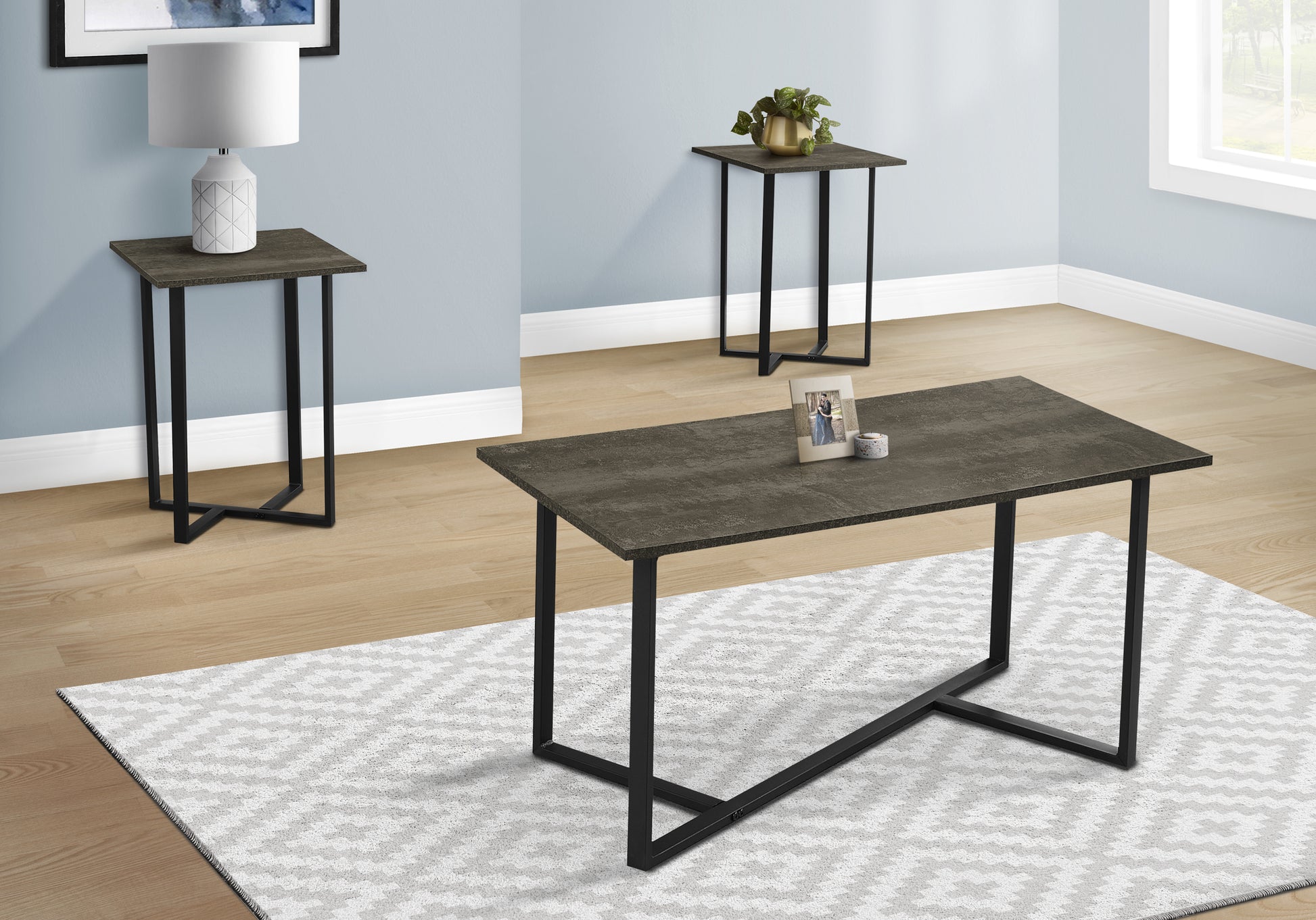 3-Piece Coffee Table Set Cream Stone Black Metal-Table Set-DECOROLALA