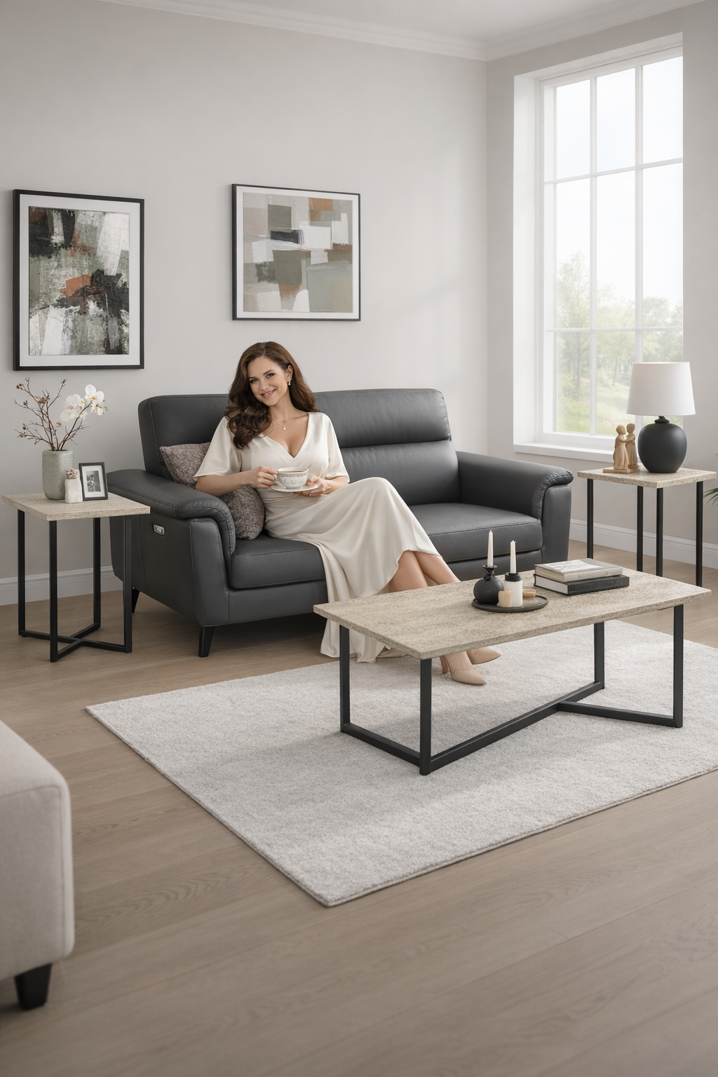 3-Piece Coffee Table Set Cream Stone Black Metal-Table Set-DECOROLALA