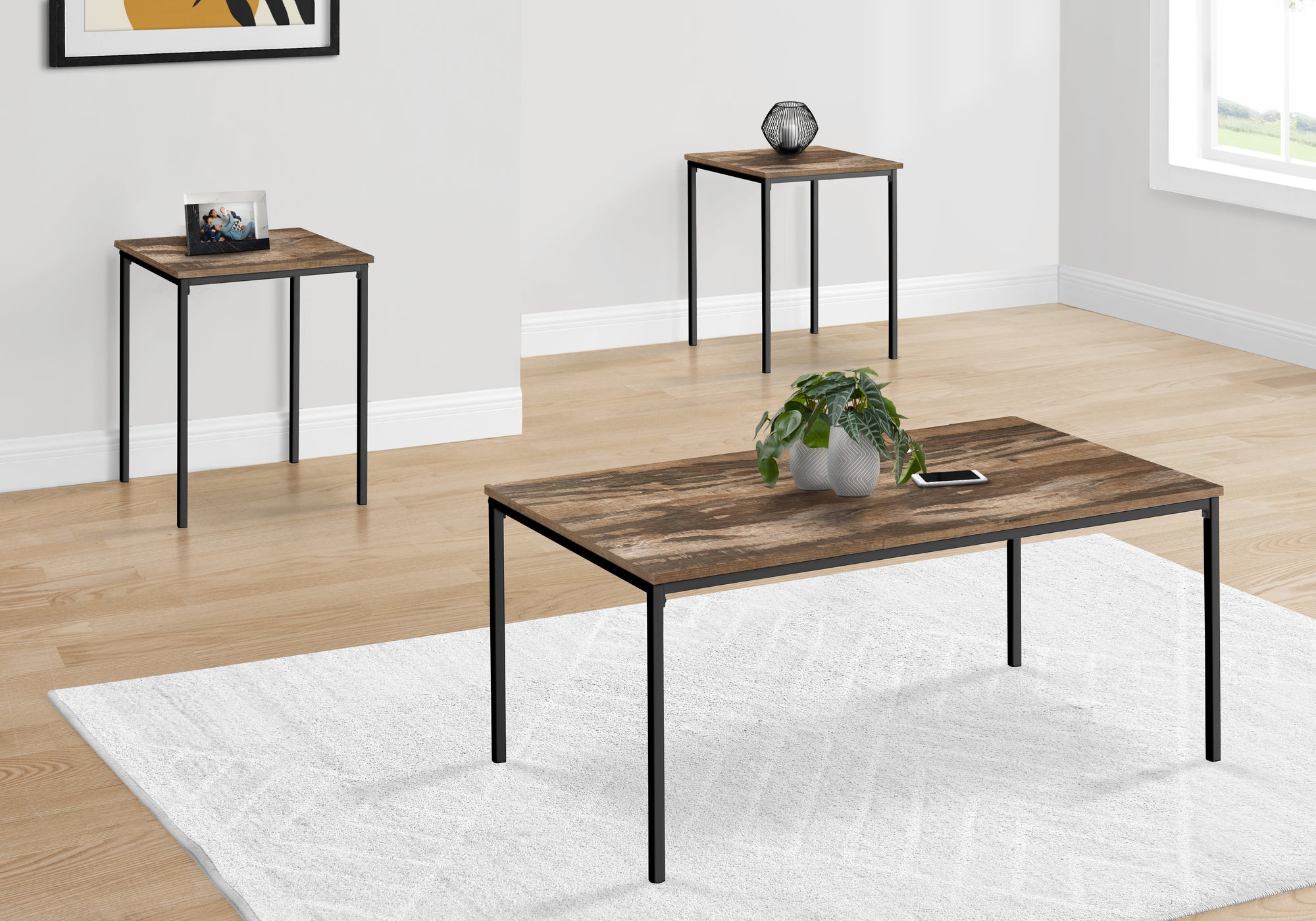 3-Piece Coffee Table Set White Marble Black Metal-Table Set-DECOROLALA