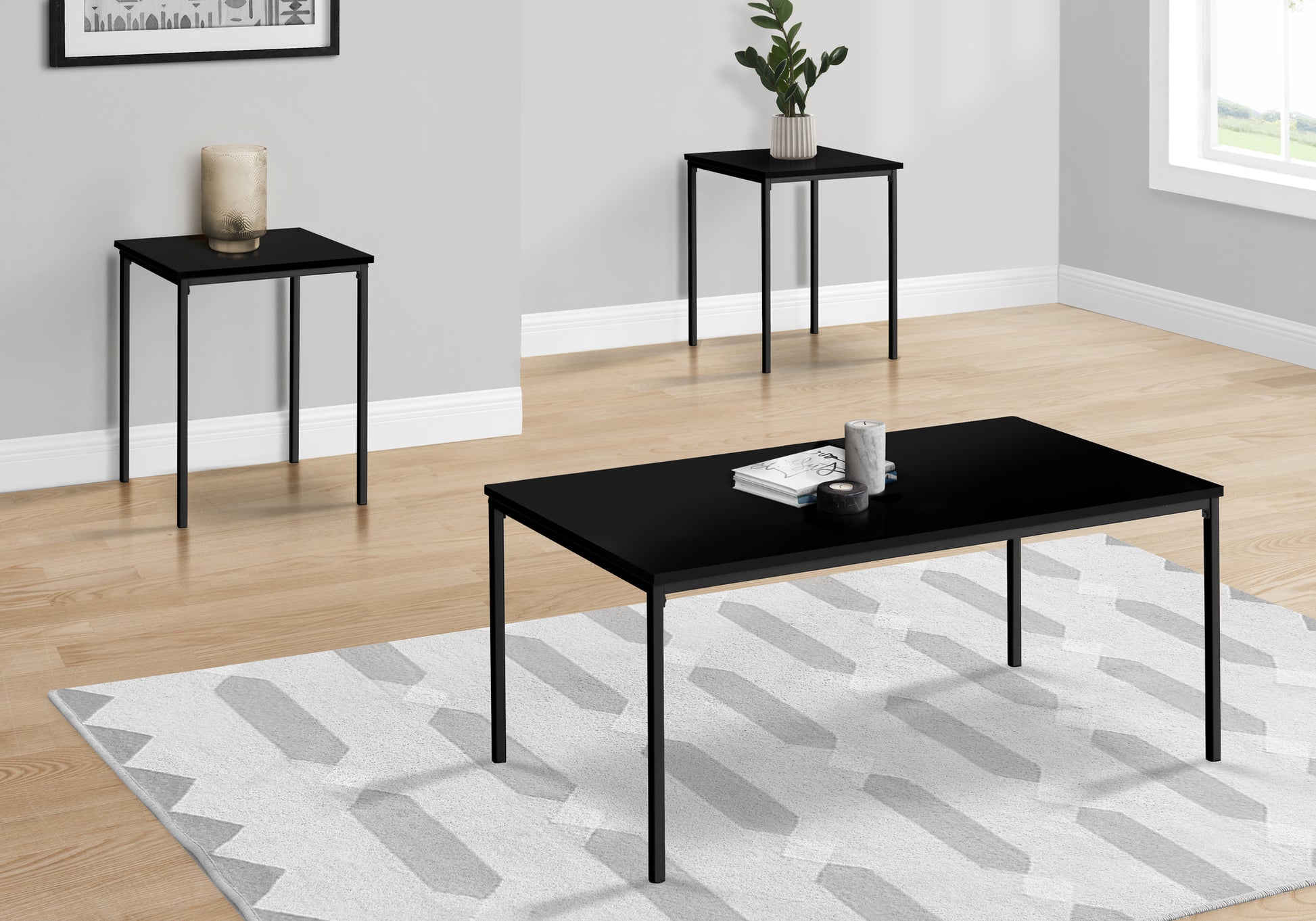 3-Piece Coffee Table Set White Marble Black Metal-Table Set-DECOROLALA