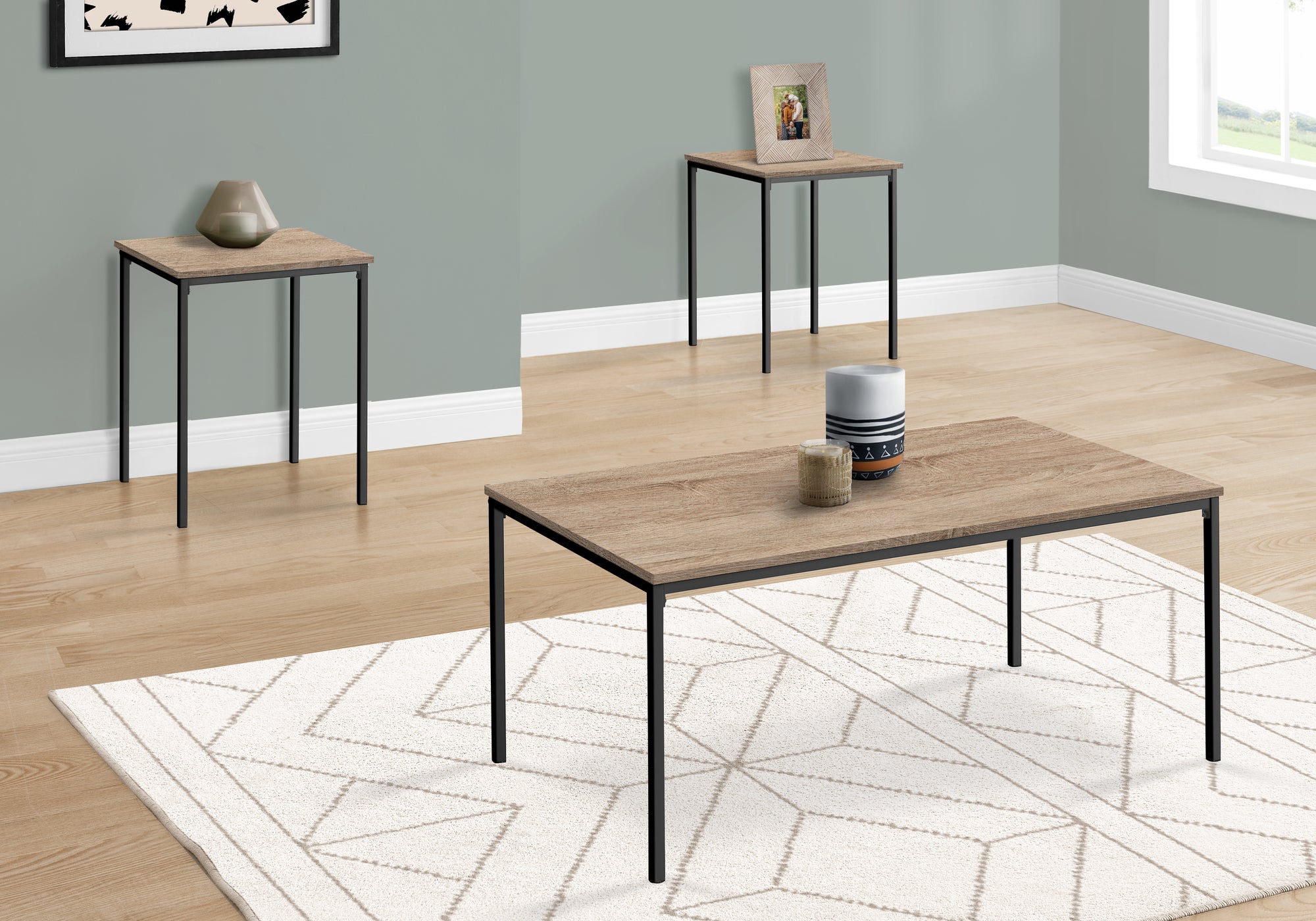 3-Piece Coffee Table Set White Marble Black Metal-Table Set-DECOROLALA