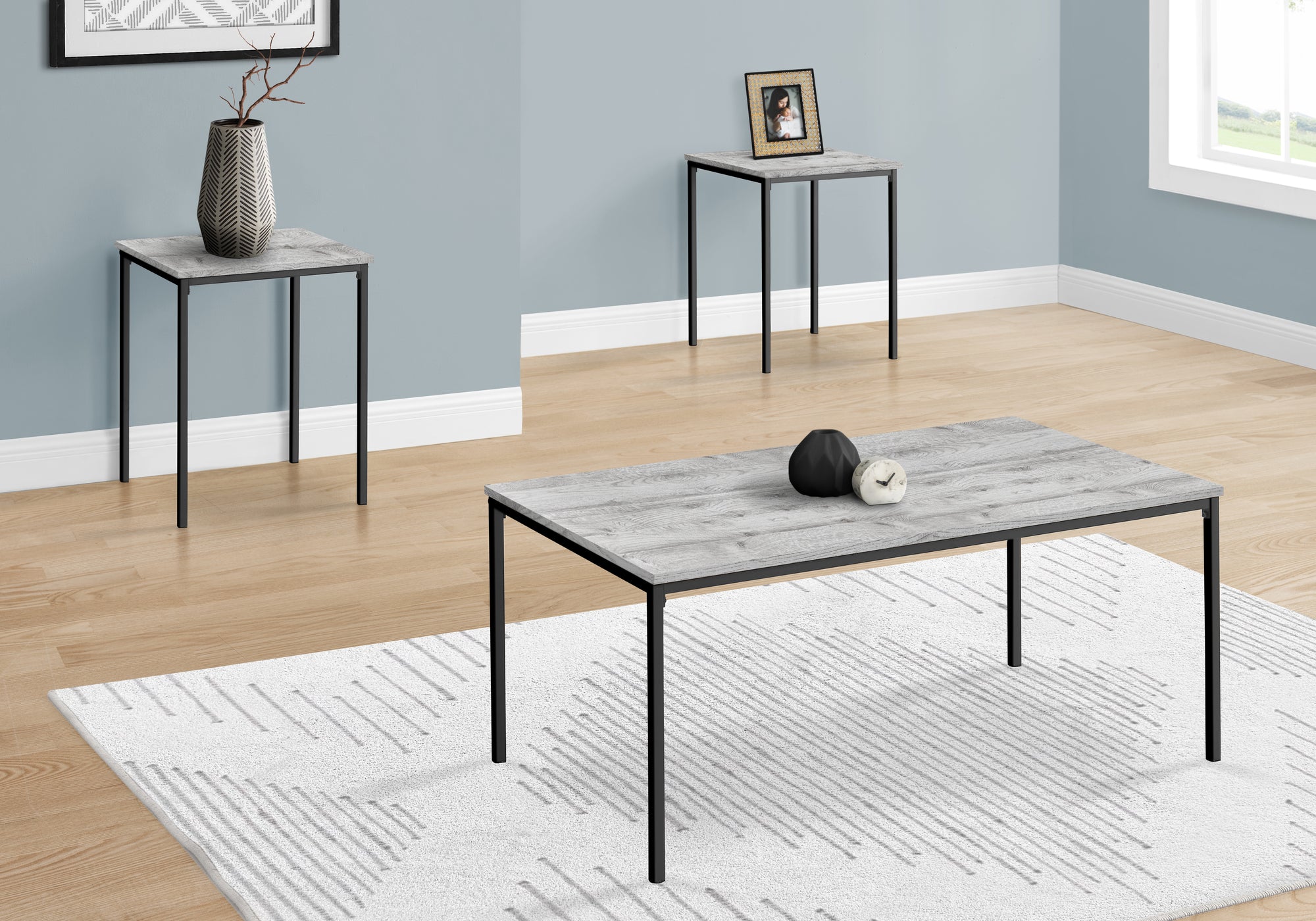 3-Piece Coffee Table Set White Marble Black Metal-Table Set-DECOROLALA