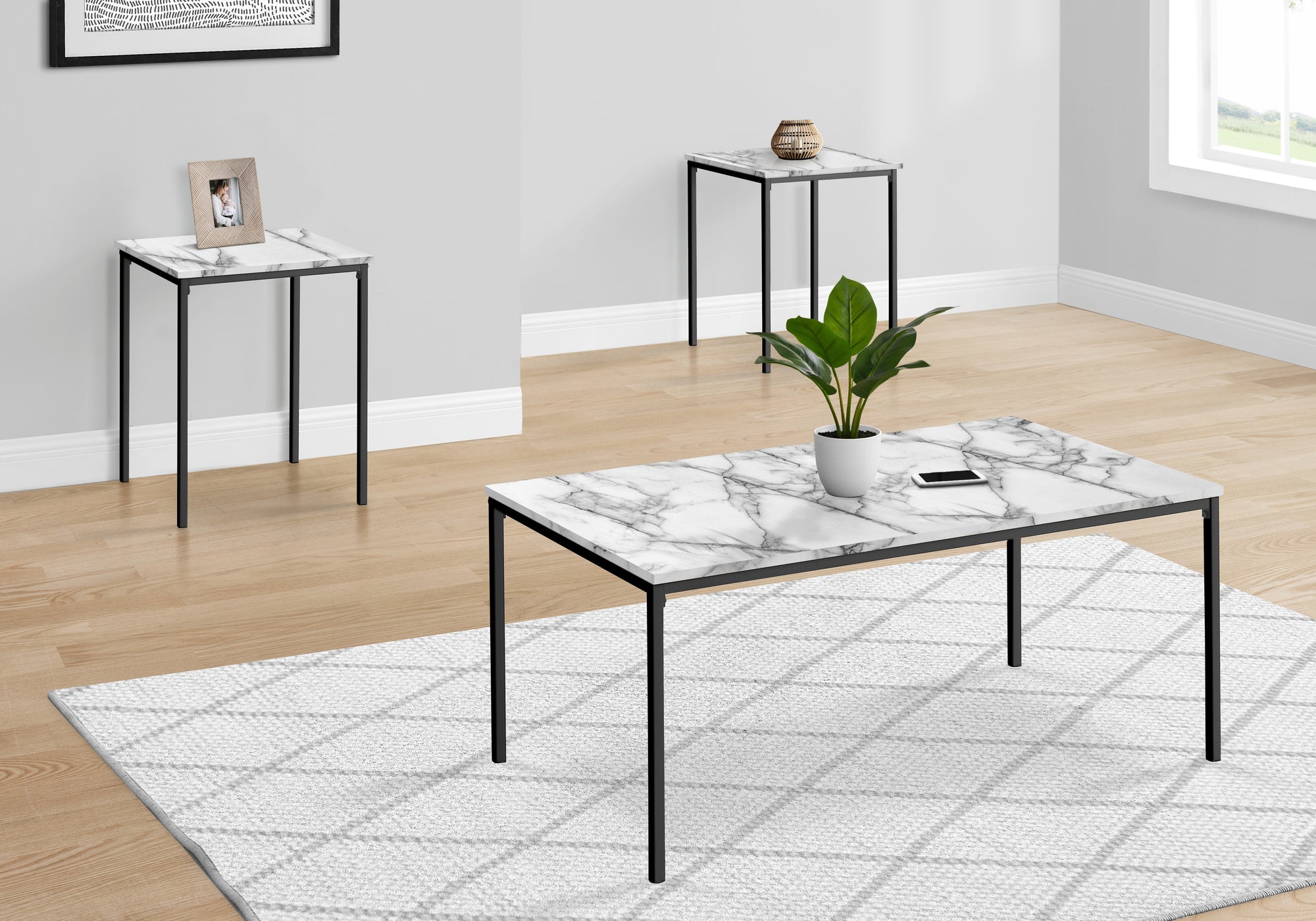 3-Piece Coffee Table Set White Marble Black Metal-Table Set-DECOROLALA