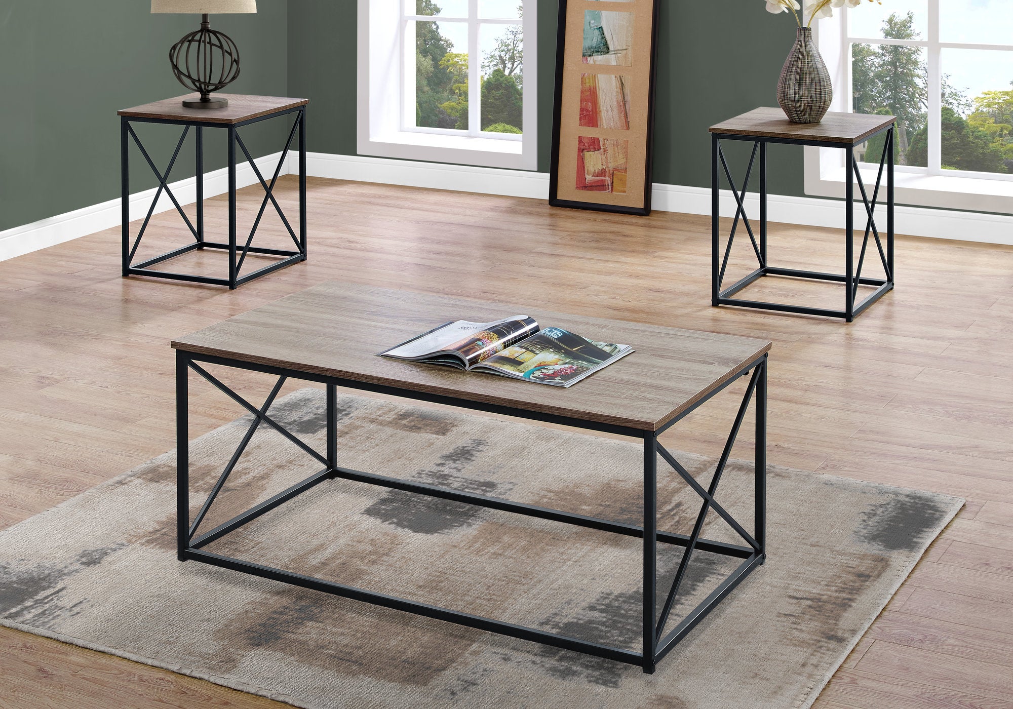 3-Piece Coffee Table Set with End Tables, Taupe Wood-Table Set-DECOROLALA