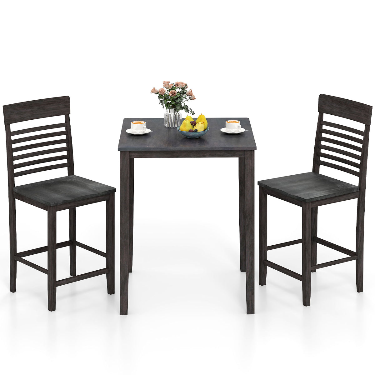 3-Piece Counter-Height Dining Table Set for 2 with Rubber Wood Frame and Footrest-Gray-Dining Room Sets-DECOROLALA