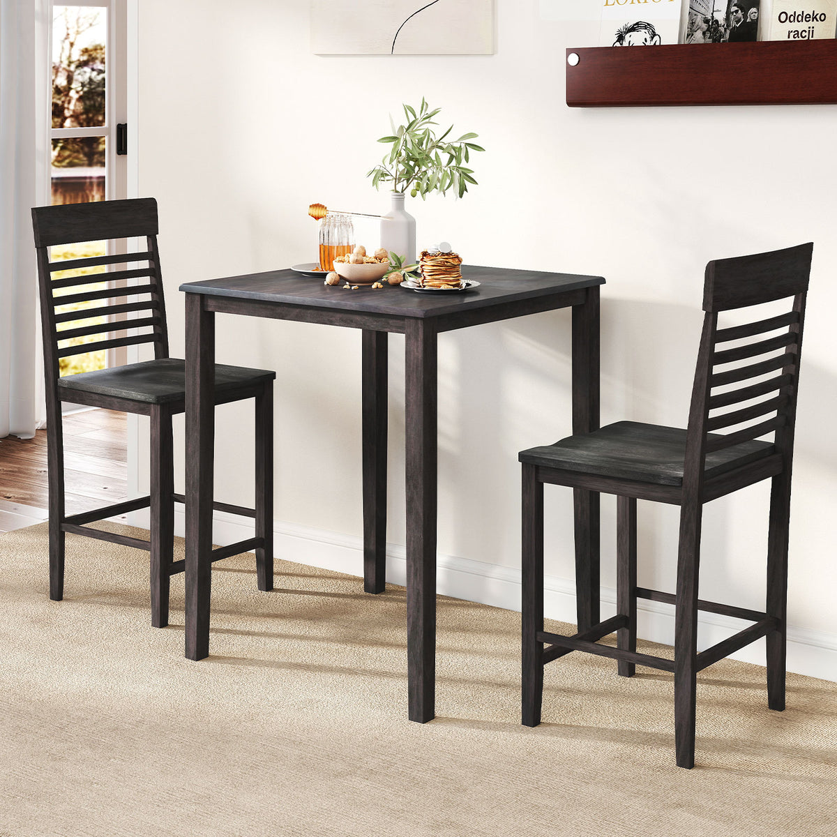 3-Piece Counter-Height Dining Table Set for 2 with Rubber Wood Frame and Footrest-Gray-Dining Room Sets-DECOROLALA
