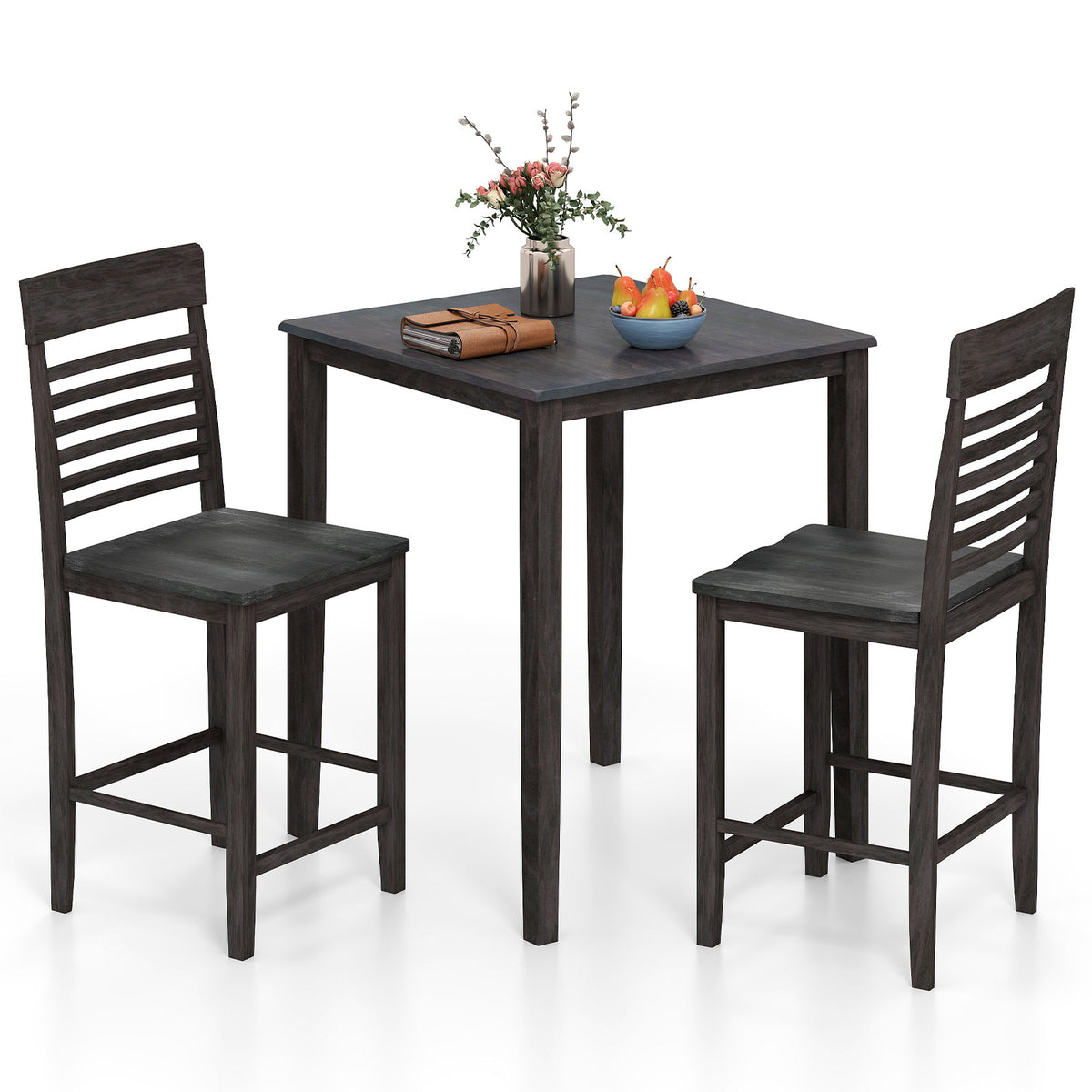 3-Piece Counter-Height Dining Table Set for 2 with Rubber Wood Frame and Footrest-Gray-Dining Room Sets-DECOROLALA