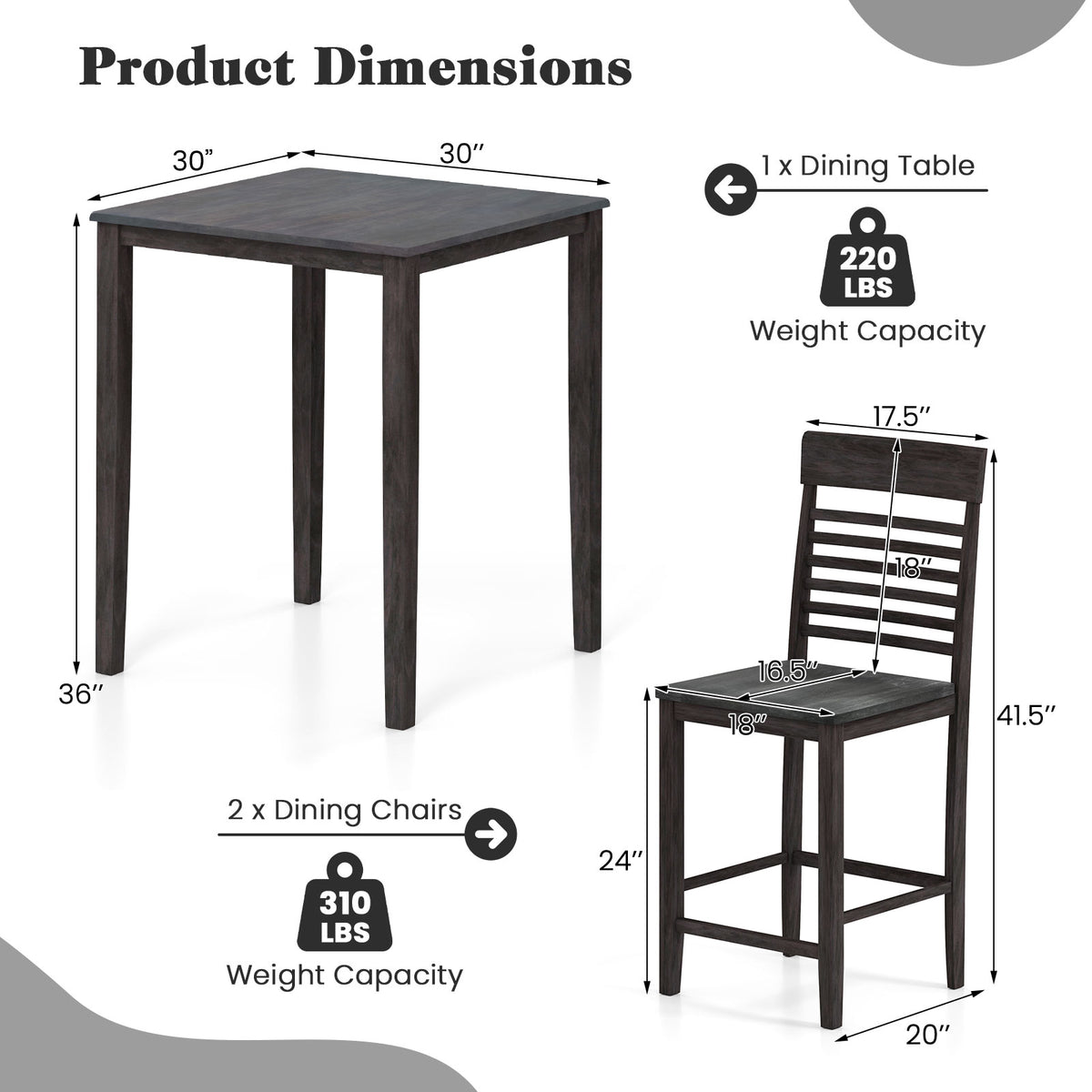 3-Piece Counter-Height Dining Table Set for 2 with Rubber Wood Frame and Footrest-Gray-Dining Room Sets-DECOROLALA