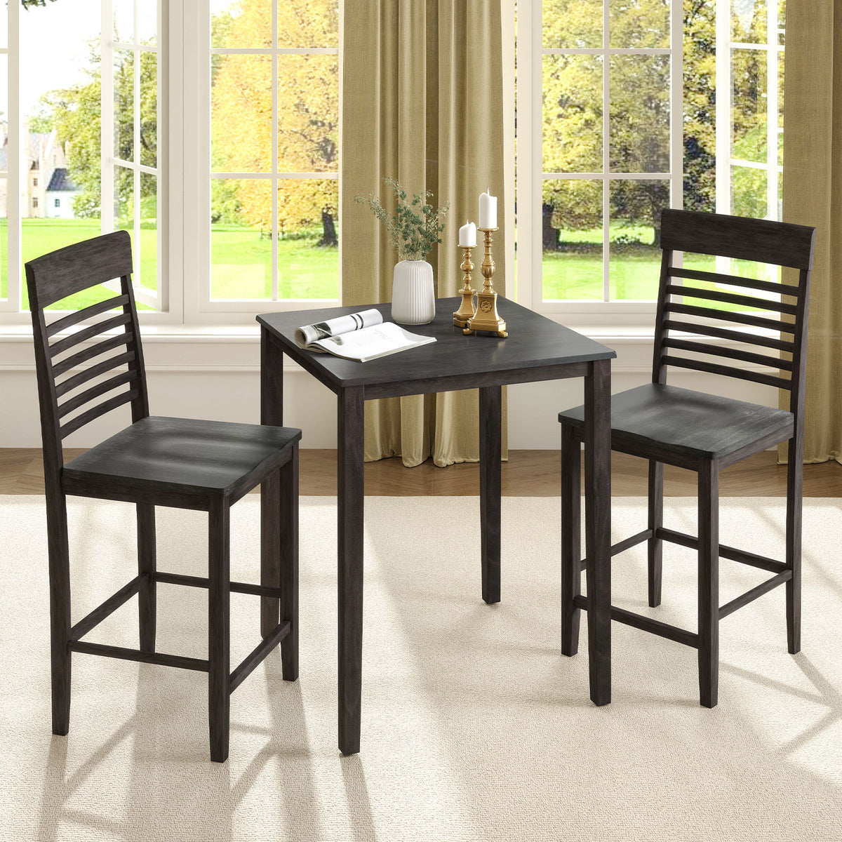 3-Piece Counter-Height Dining Table Set for 2 with Rubber Wood Frame and Footrest-Gray-Dining Room Sets-DECOROLALA
