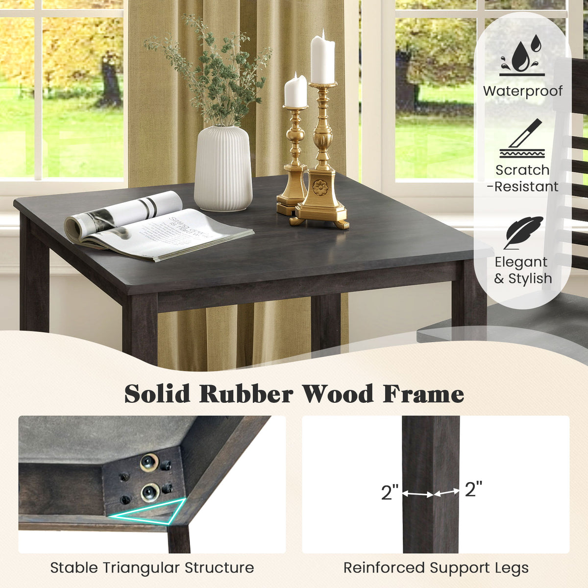 3-Piece Counter-Height Dining Table Set for 2 with Rubber Wood Frame and Footrest-Gray-Dining Room Sets-DECOROLALA