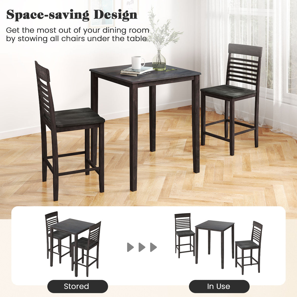 3-Piece Counter-Height Dining Table Set for 2 with Rubber Wood Frame and Footrest-Gray-Dining Room Sets-DECOROLALA