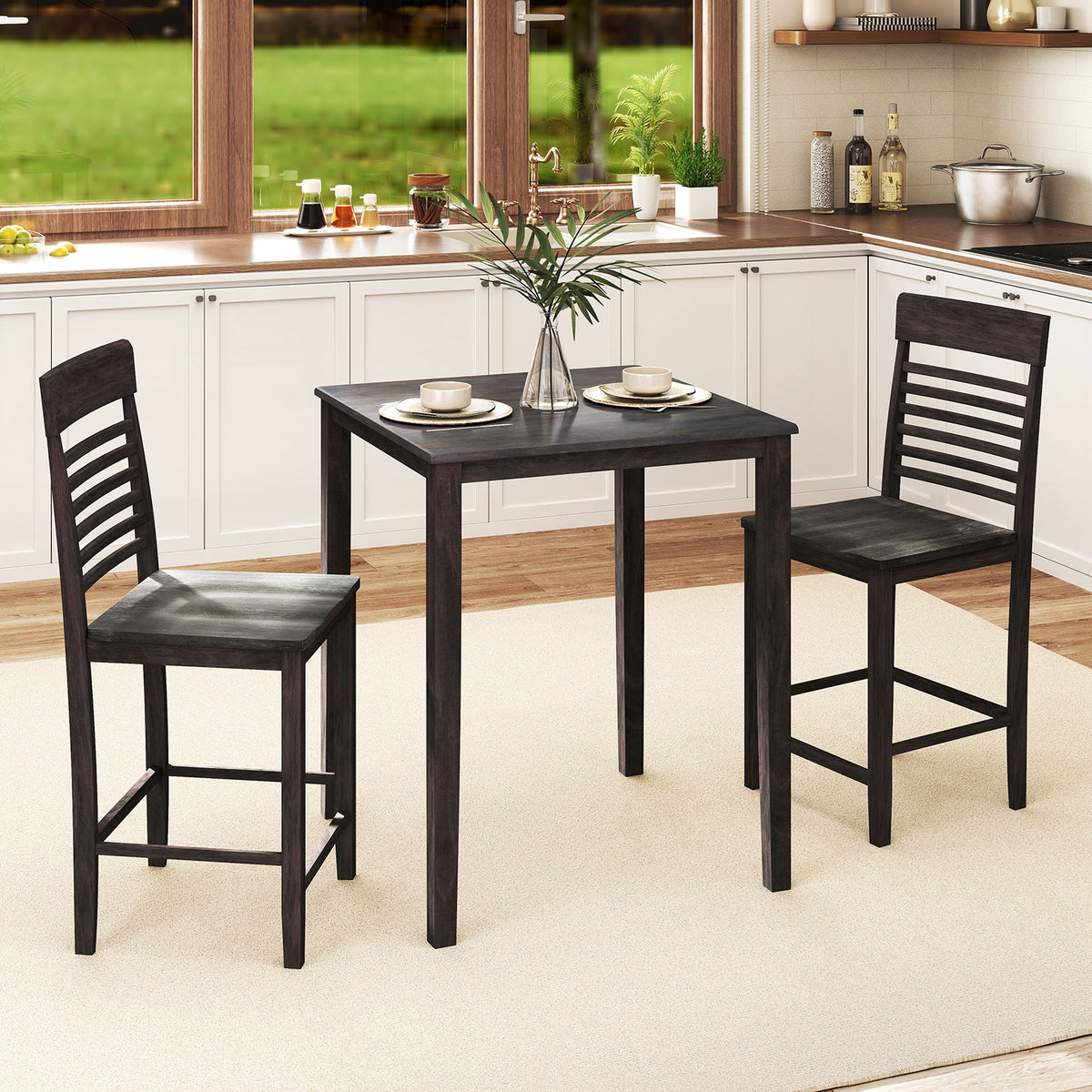 3-Piece Counter-Height Dining Table Set for 2 with Rubber Wood Frame and Footrest-Gray-Dining Room Sets-DECOROLALA