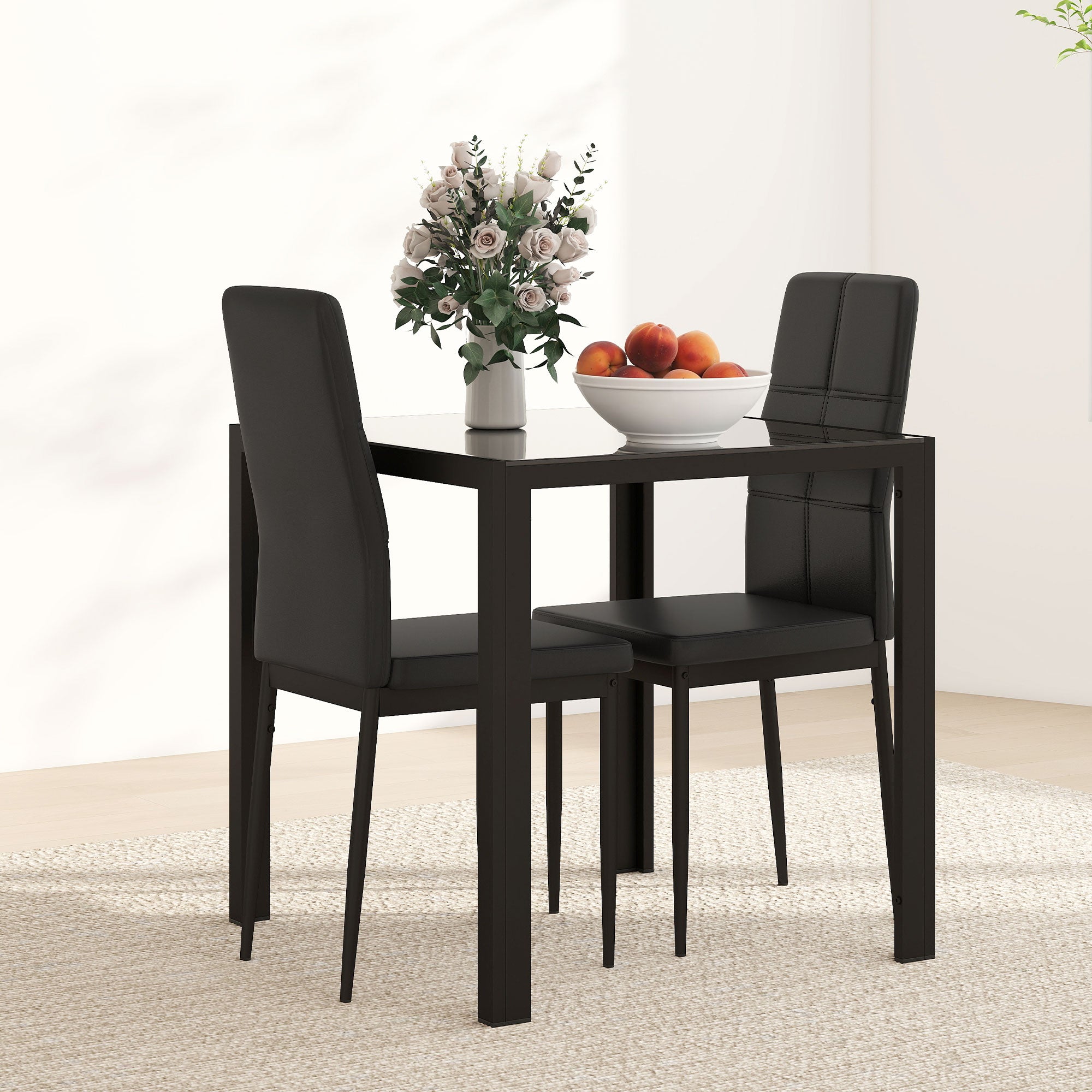 3-Piece Dining Set Glass Table Chairs Black-DECOROLALA