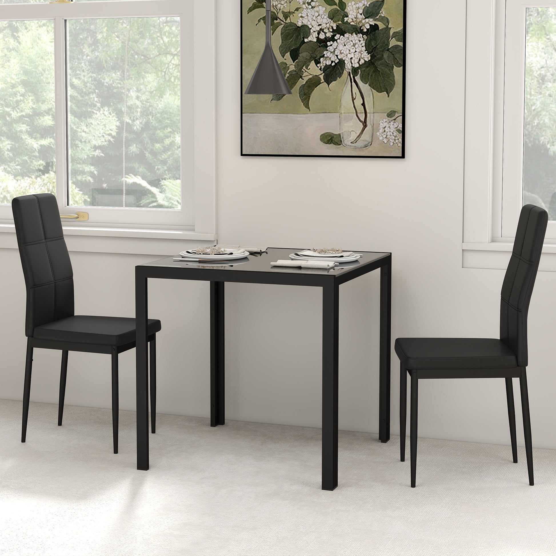 3-Piece Dining Set Glass Table Chairs Black-DECOROLALA