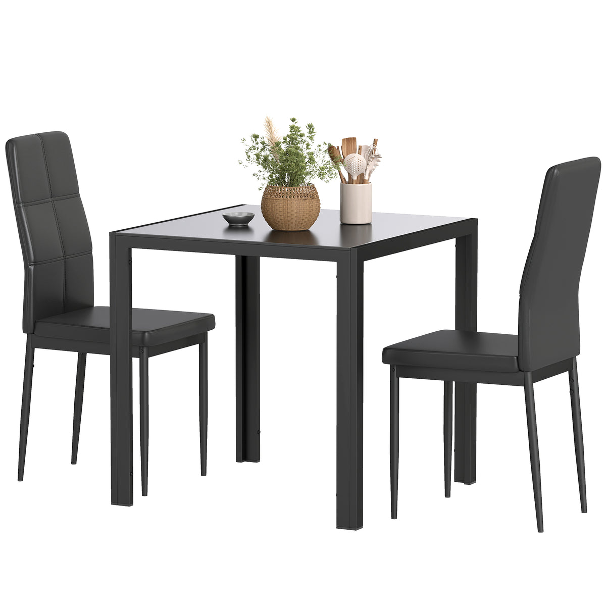 3-Piece Dining Set Glass Table Chairs Black-Dining Room Sets-DECOROLALA