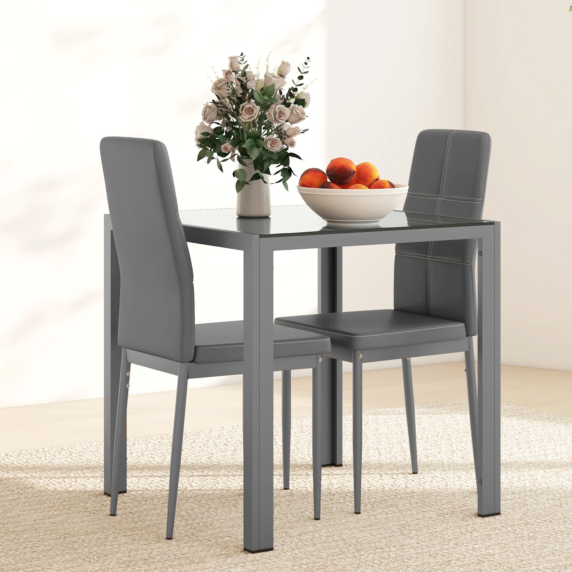3-Piece Dining Set Glass Table Chairs Grey-DECOROLALA