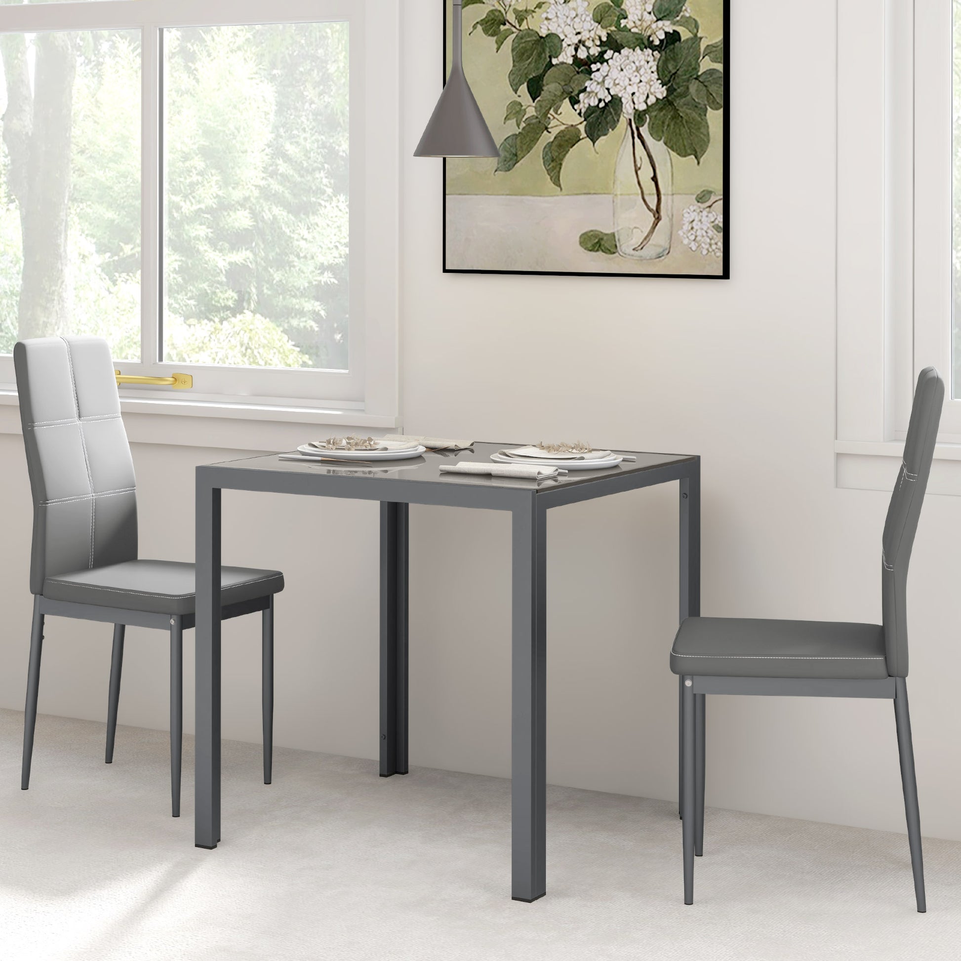 3-Piece Dining Set Glass Table Chairs Grey-DECOROLALA