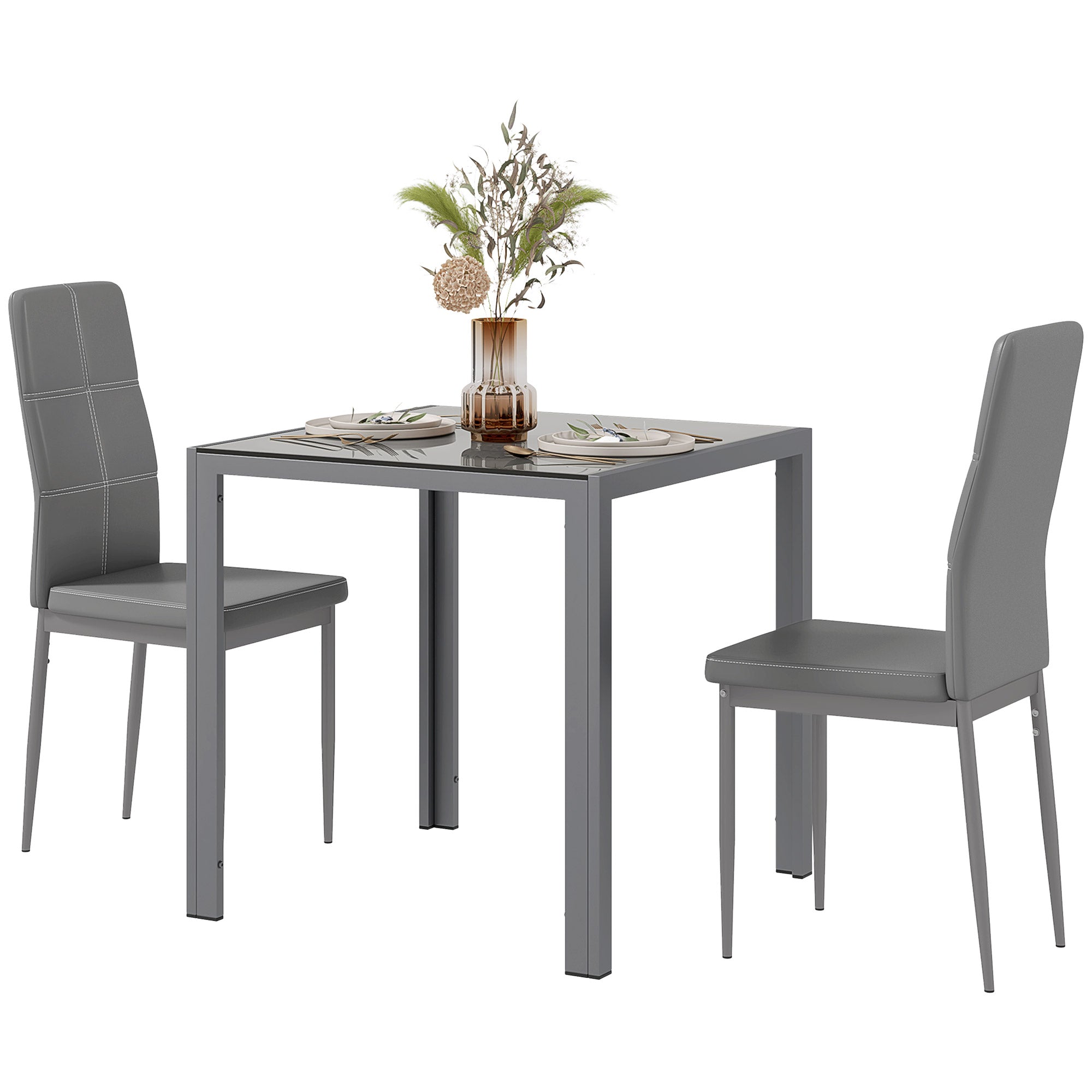 3-Piece Dining Set Glass Table Chairs Grey-DECOROLALA