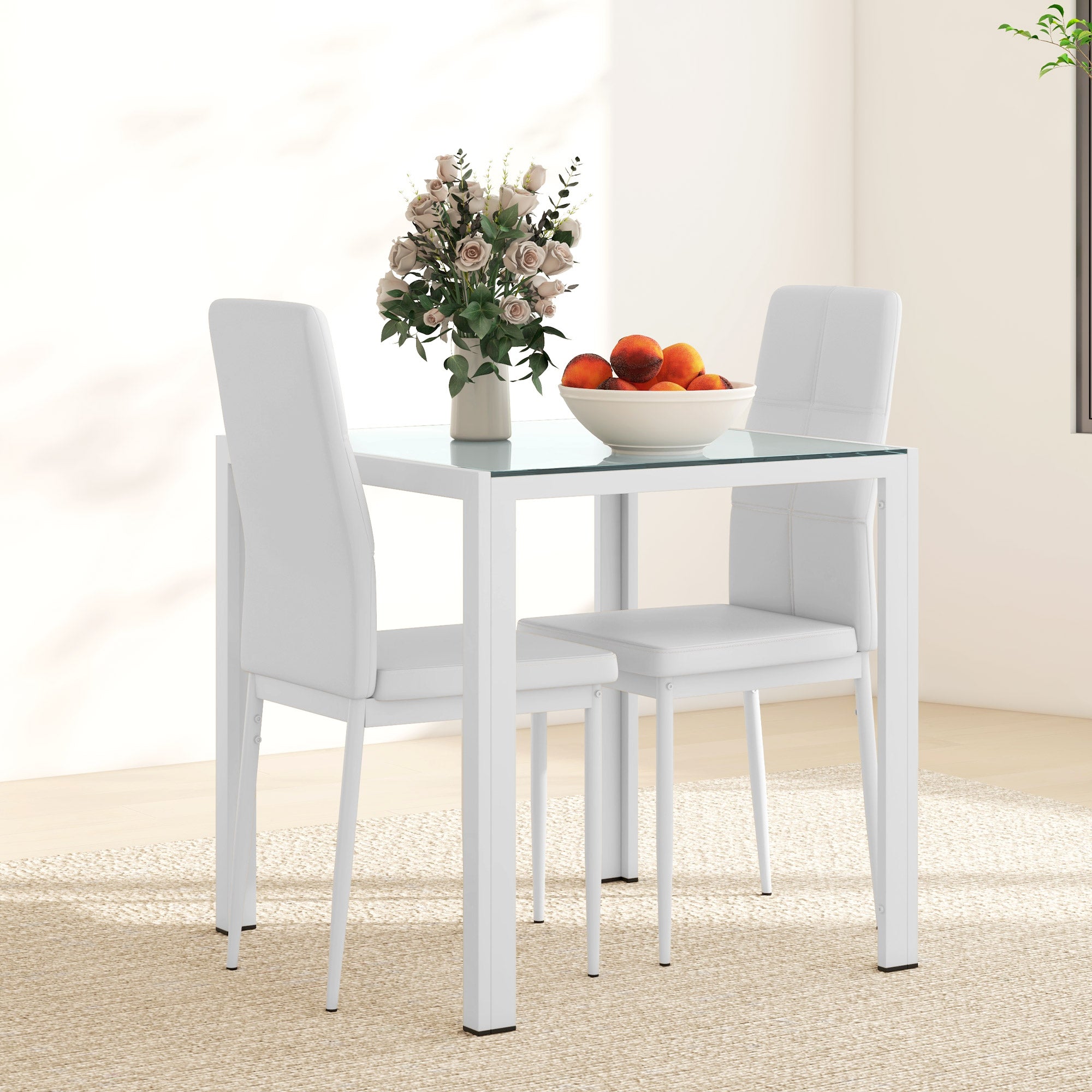 3-Piece Dining Set - Glass Table & Chairs White-DECOROLALA